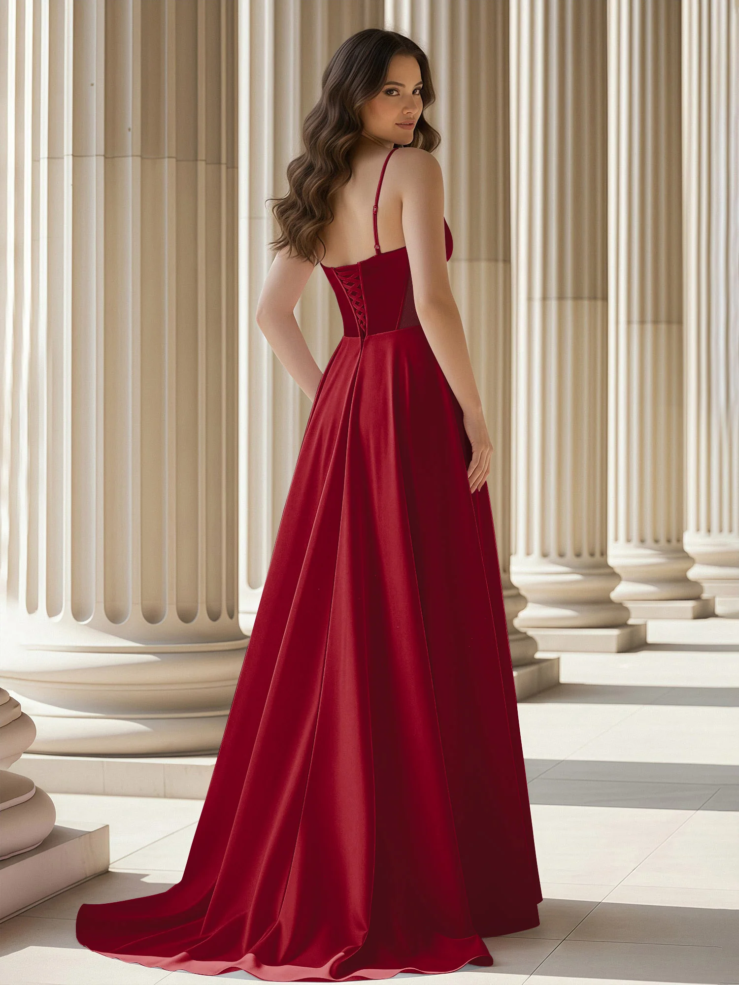 Pleated Sweetheart Neck A-Line Satin Sweep Train Gown Burgundy - Image 2