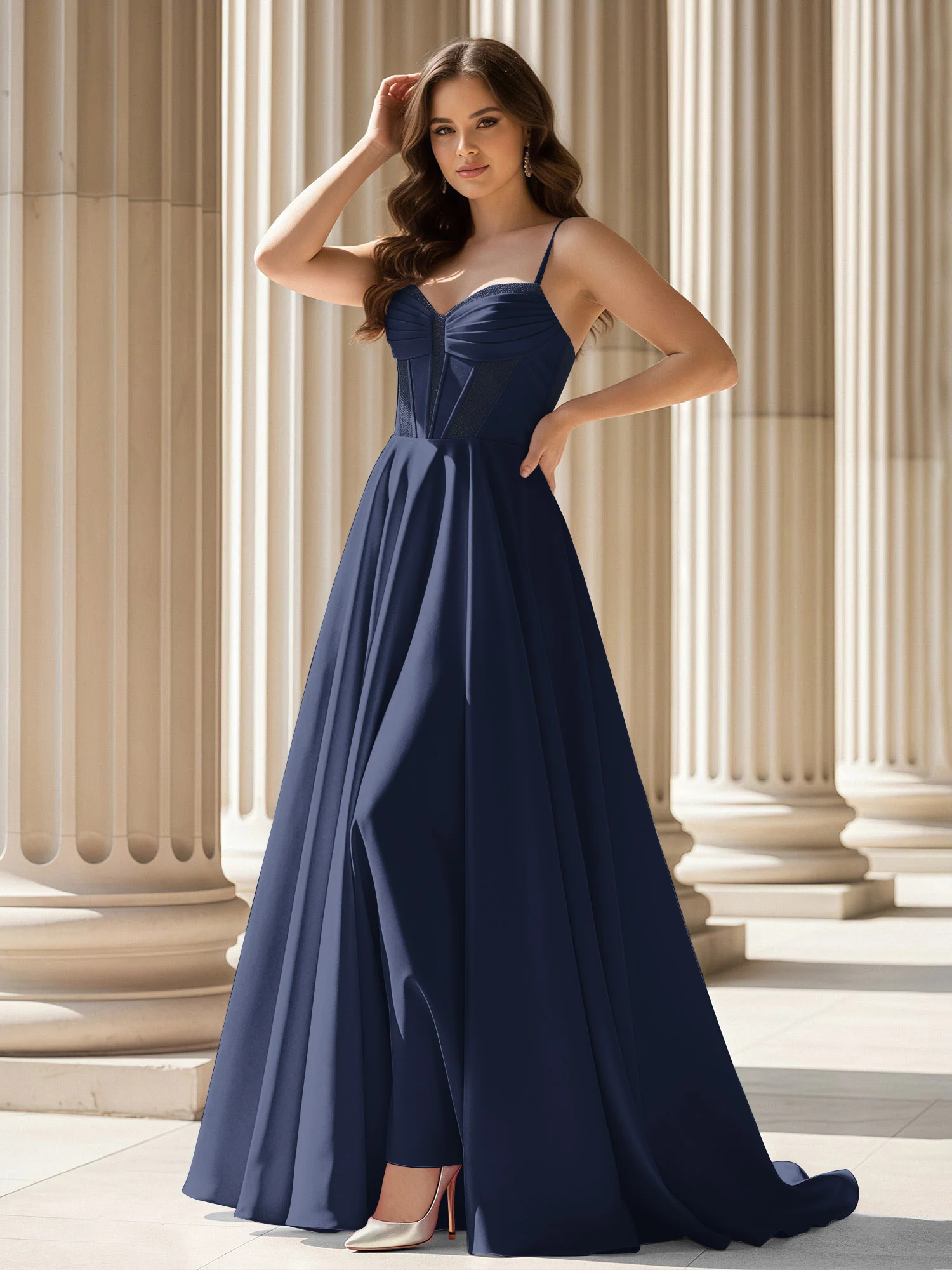 Pleated Sweetheart Neck A-Line Satin Sweep Train Gown Dark Navy