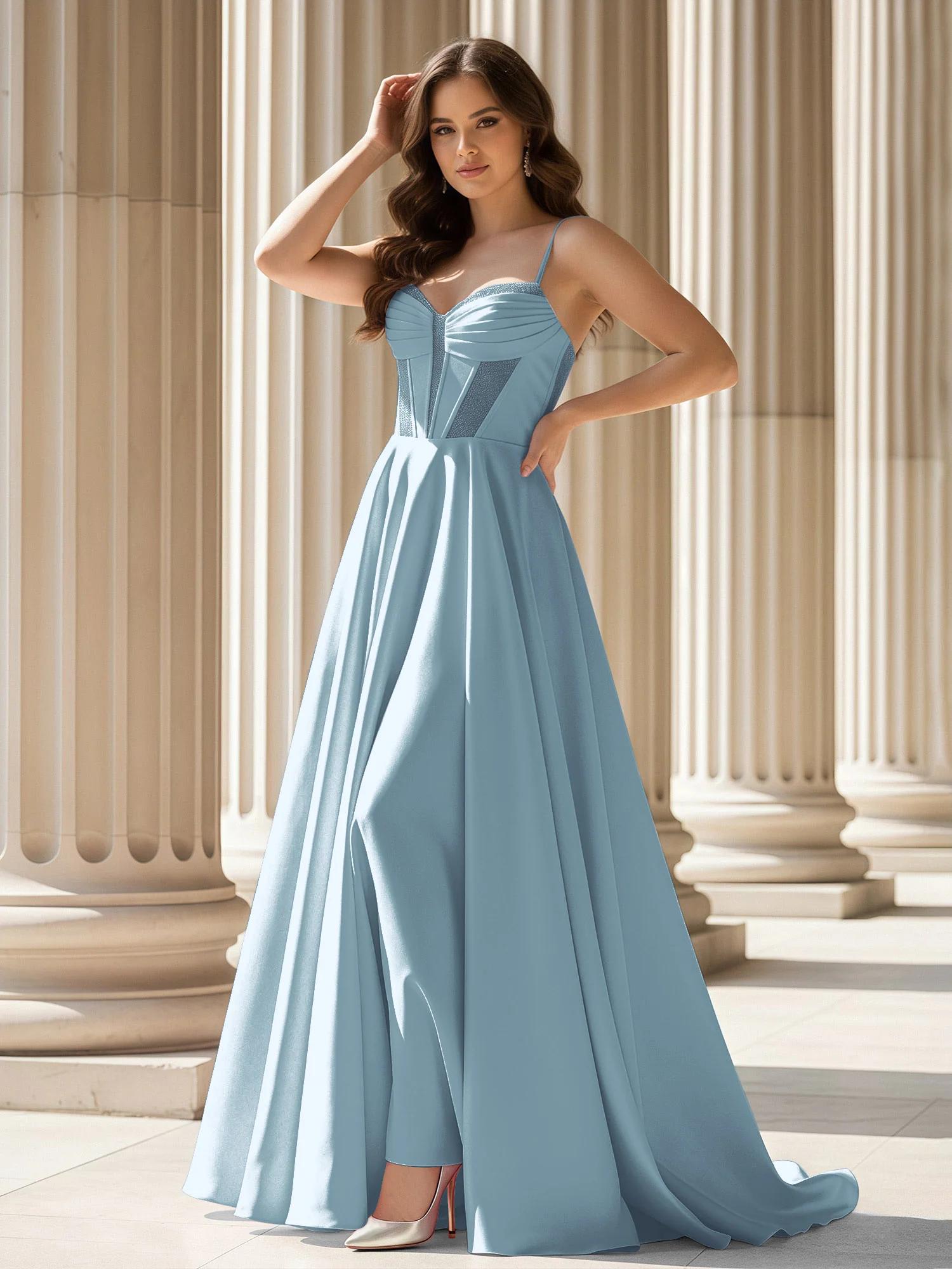 Pleated Sweetheart Neck A-Line Satin Sweep Train Gown Dusty Blue