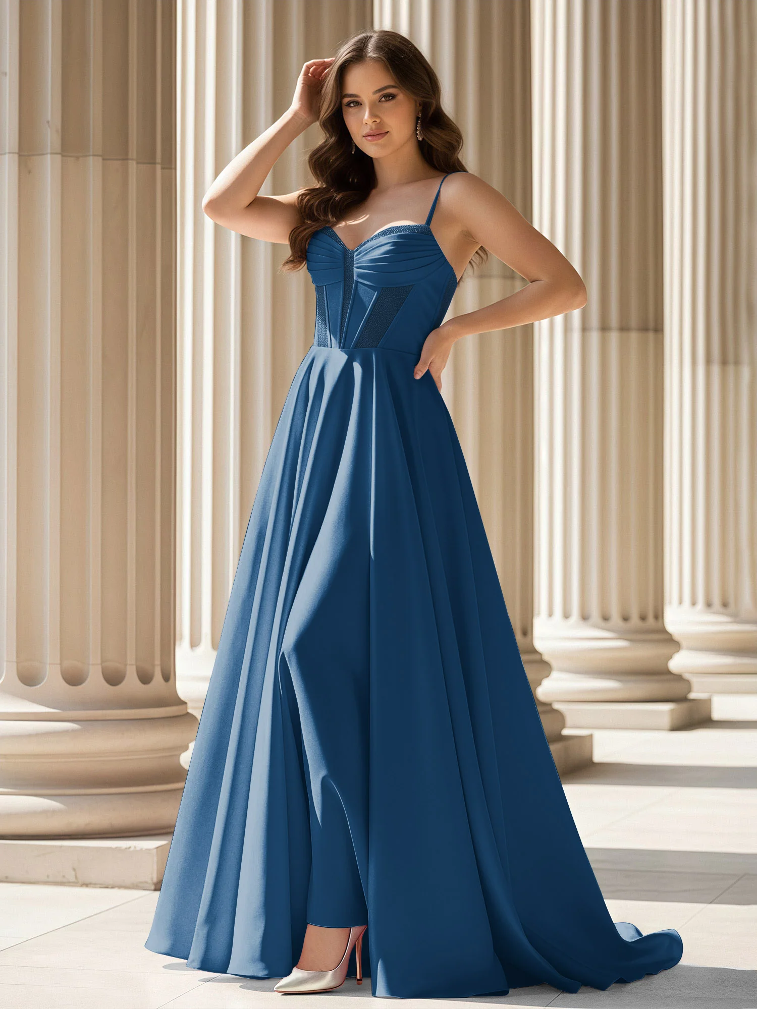 Pleated Sweetheart Neck A-Line Satin Sweep Train Gown Ink Blue