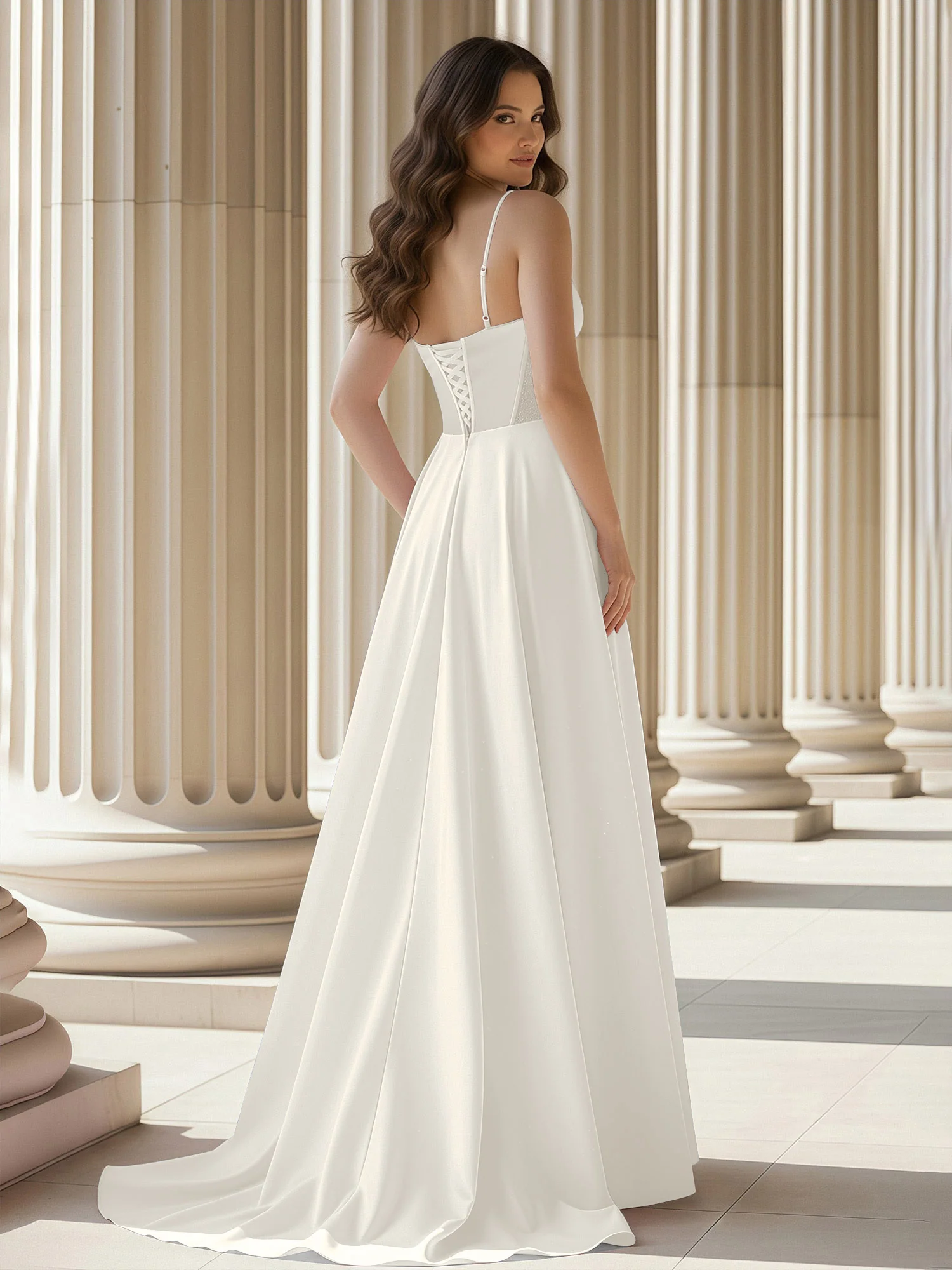 Pleated Sweetheart Neck A-Line Satin Sweep Train Gown Ivory - Image 2