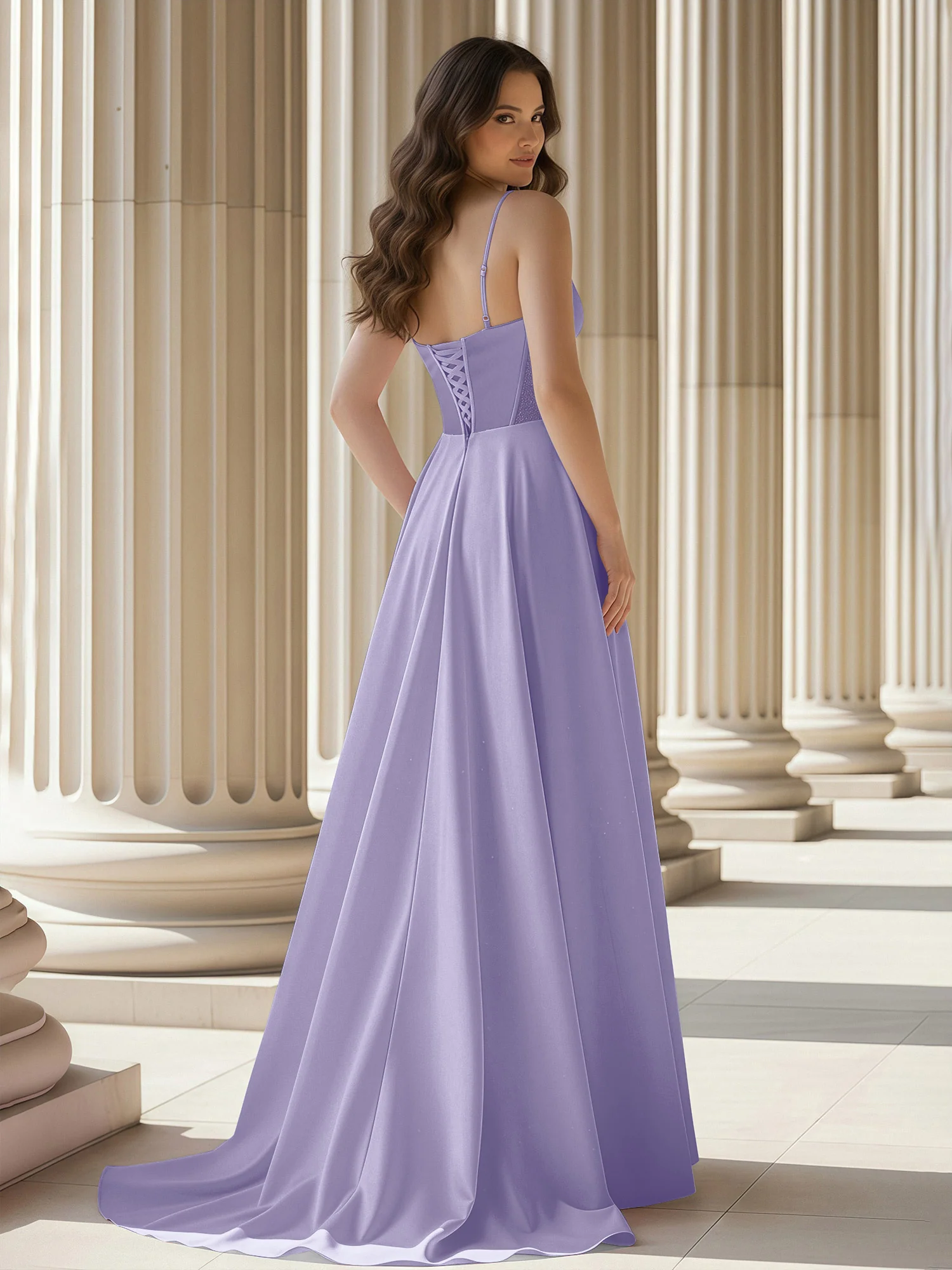 Pleated Sweetheart Neck A-Line Satin Sweep Train Gown Lavender - Image 2