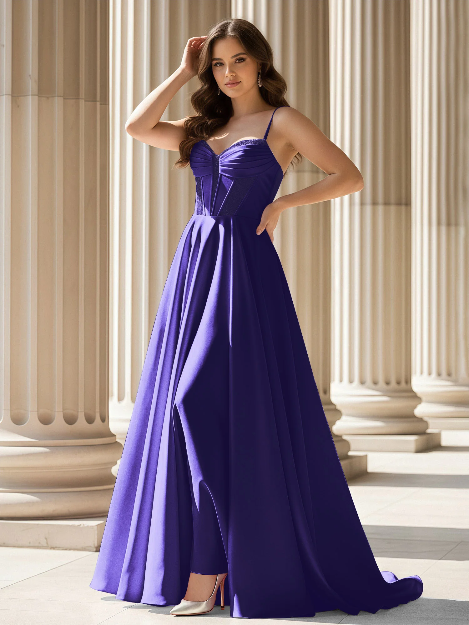 Pleated Sweetheart Neck A-Line Satin Sweep Train Gown Regency