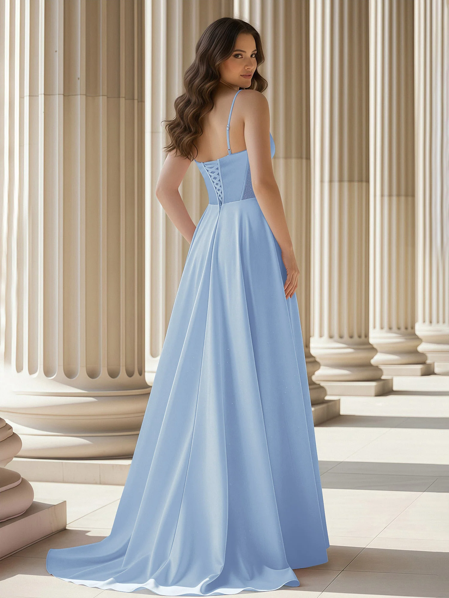 Pleated Sweetheart Neck A-Line Satin Sweep Train Gown Sky Blue - Image 2