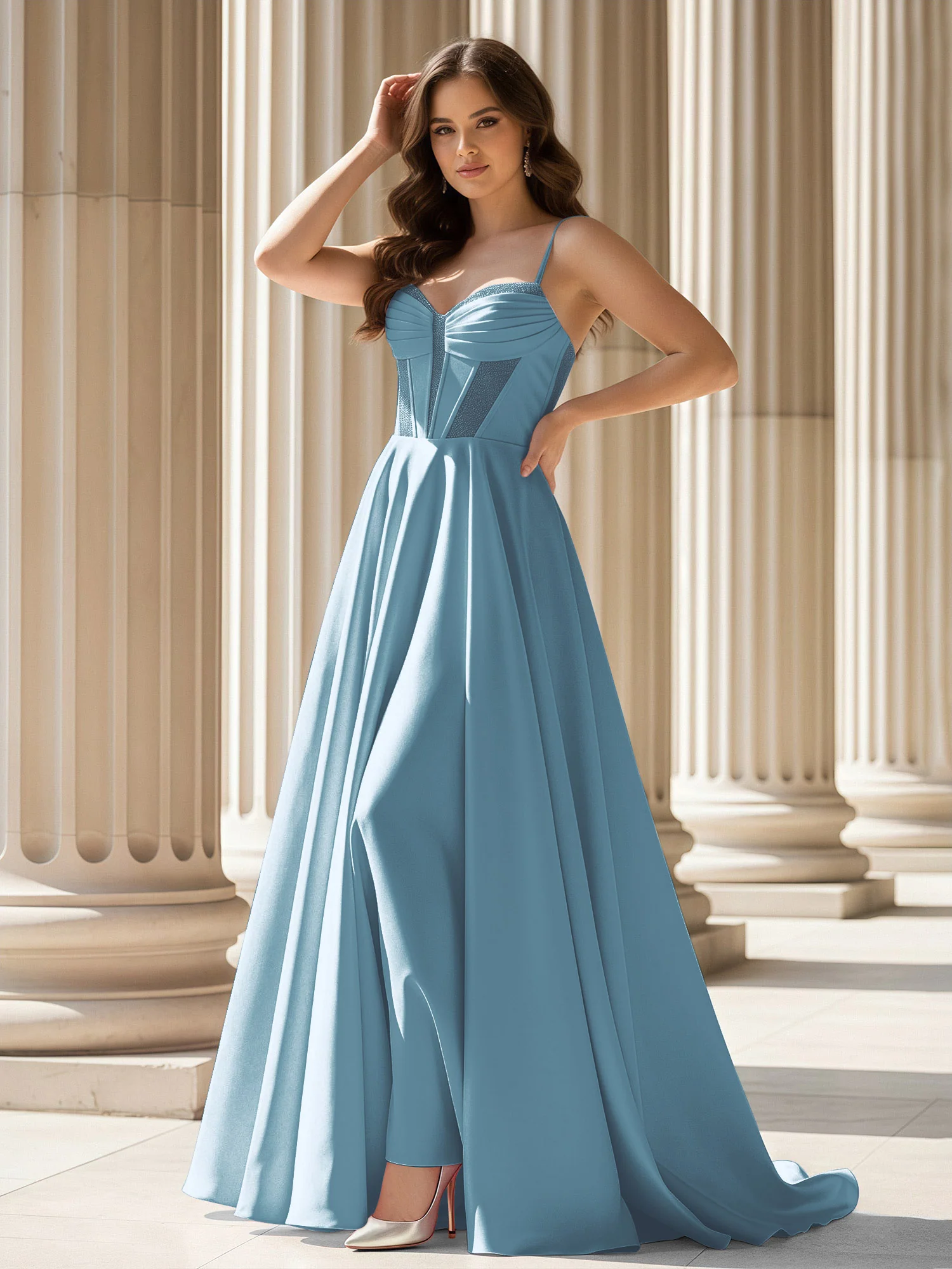 Pleated Sweetheart Neck A-Line Satin Sweep Train Gown Slate Blue