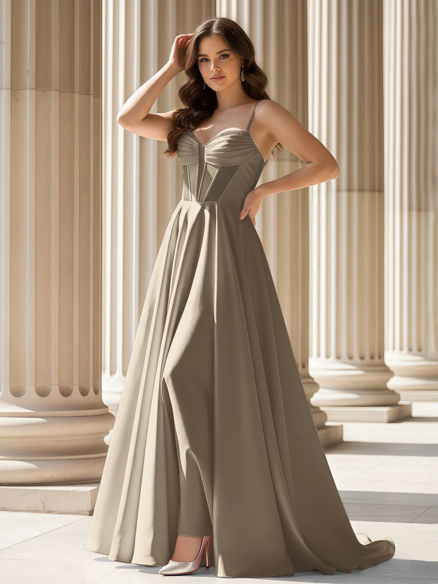 Pleated Sweetheart Neck A-Line Satin Sweep Train Gown Taupe