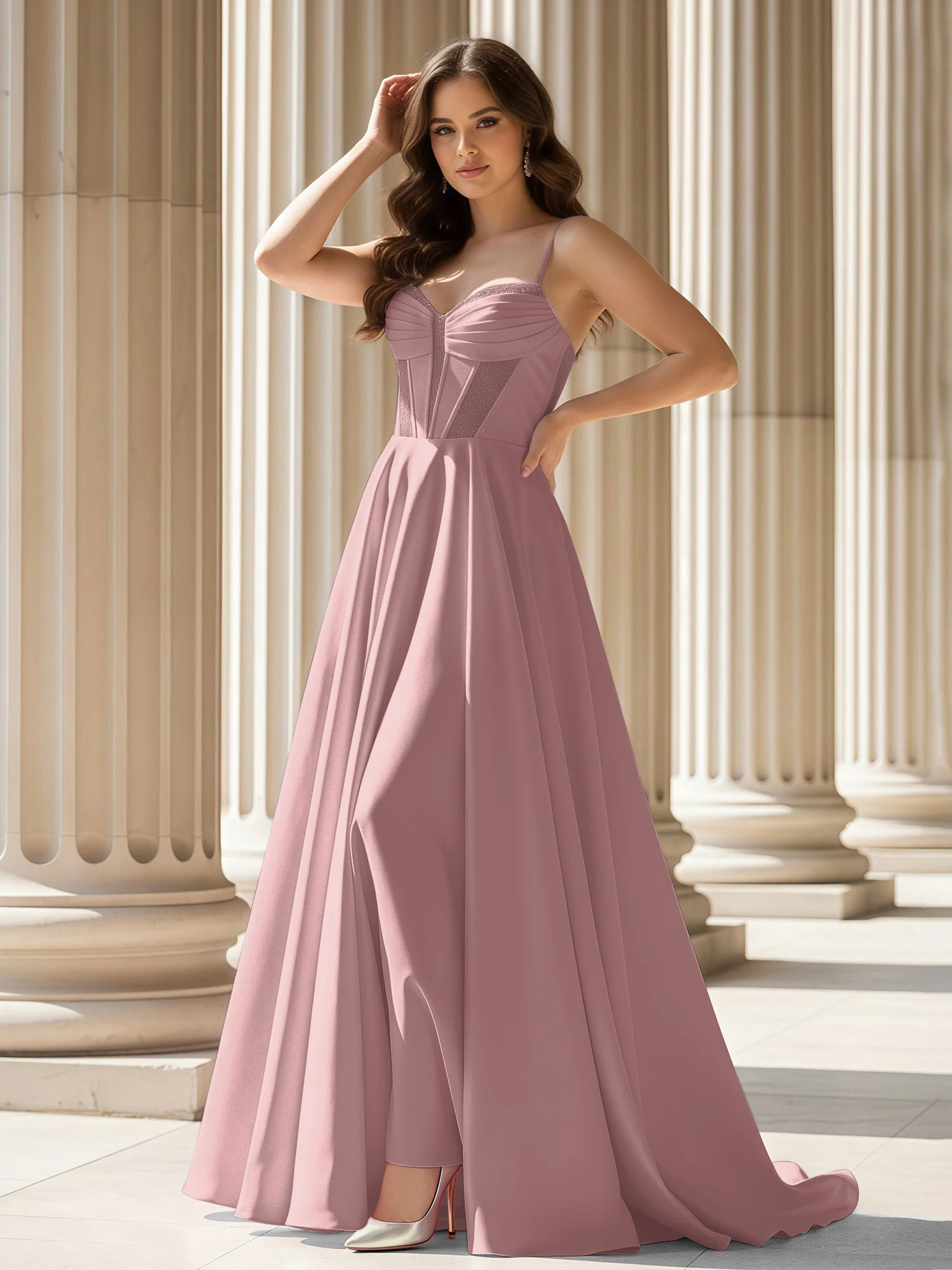 Pleated Sweetheart Neck A-Line Satin Sweep Train Gown Vintage Mauve