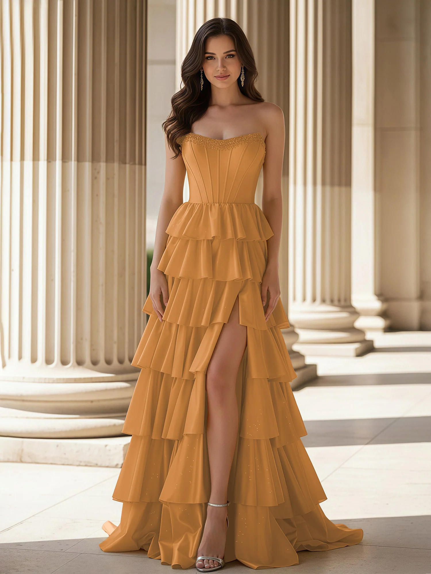 A-Line Sleeveless Strapless Gown With Ruffle Gold
