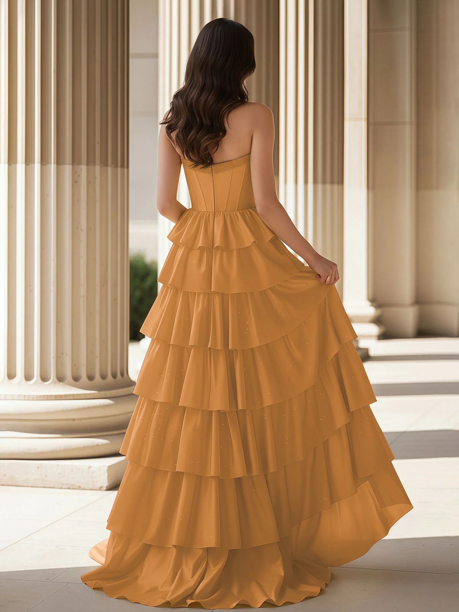 A-Line Sleeveless Strapless Gown With Ruffle Gold - Image 2