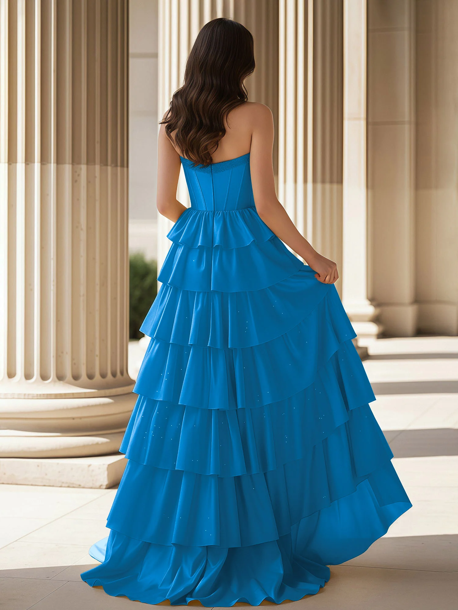 A-Line Sleeveless Strapless Gown With Ruffle Ocean Blue - Image 2