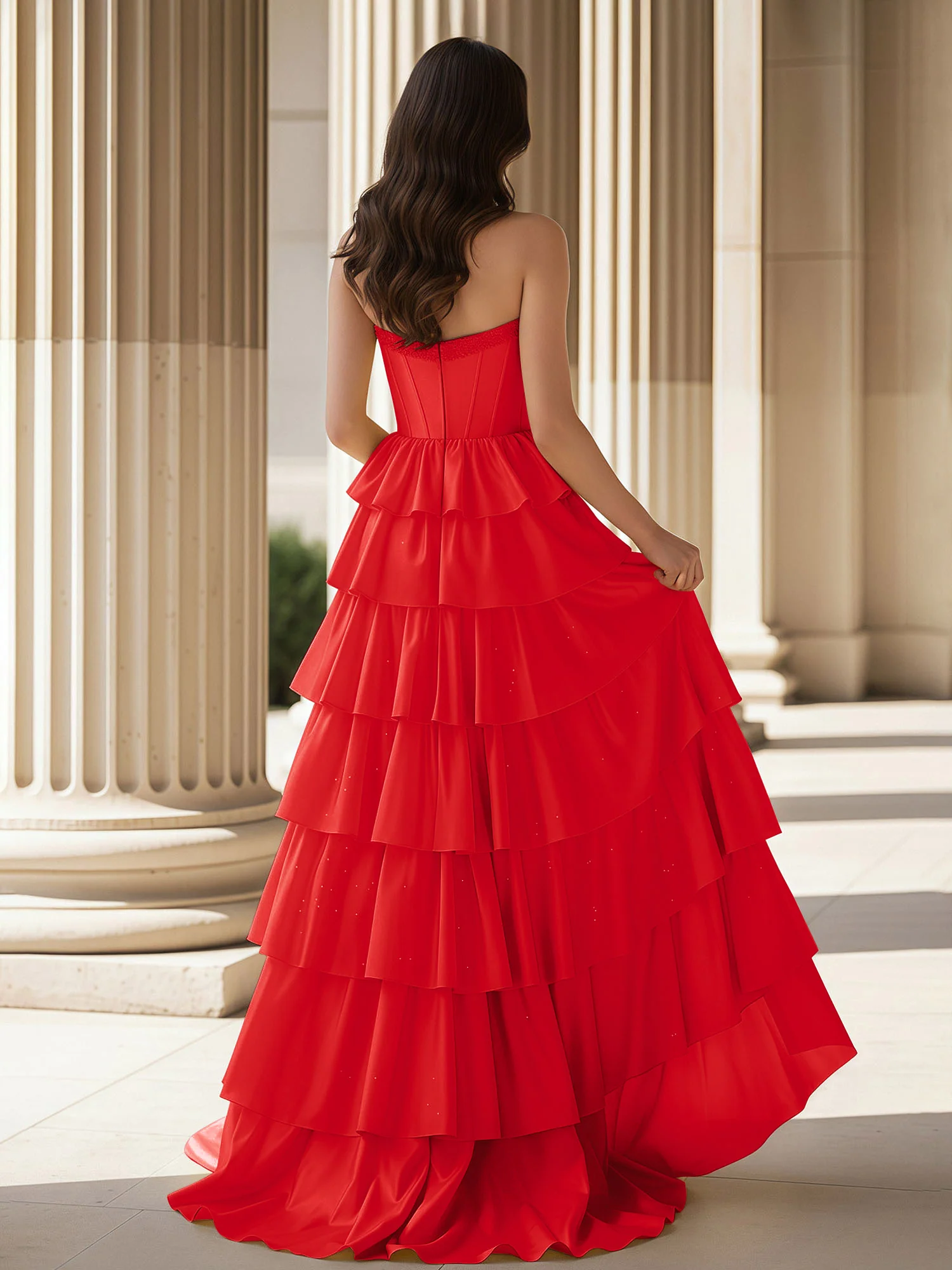 A-Line Sleeveless Strapless Gown With Ruffle Red - Image 2