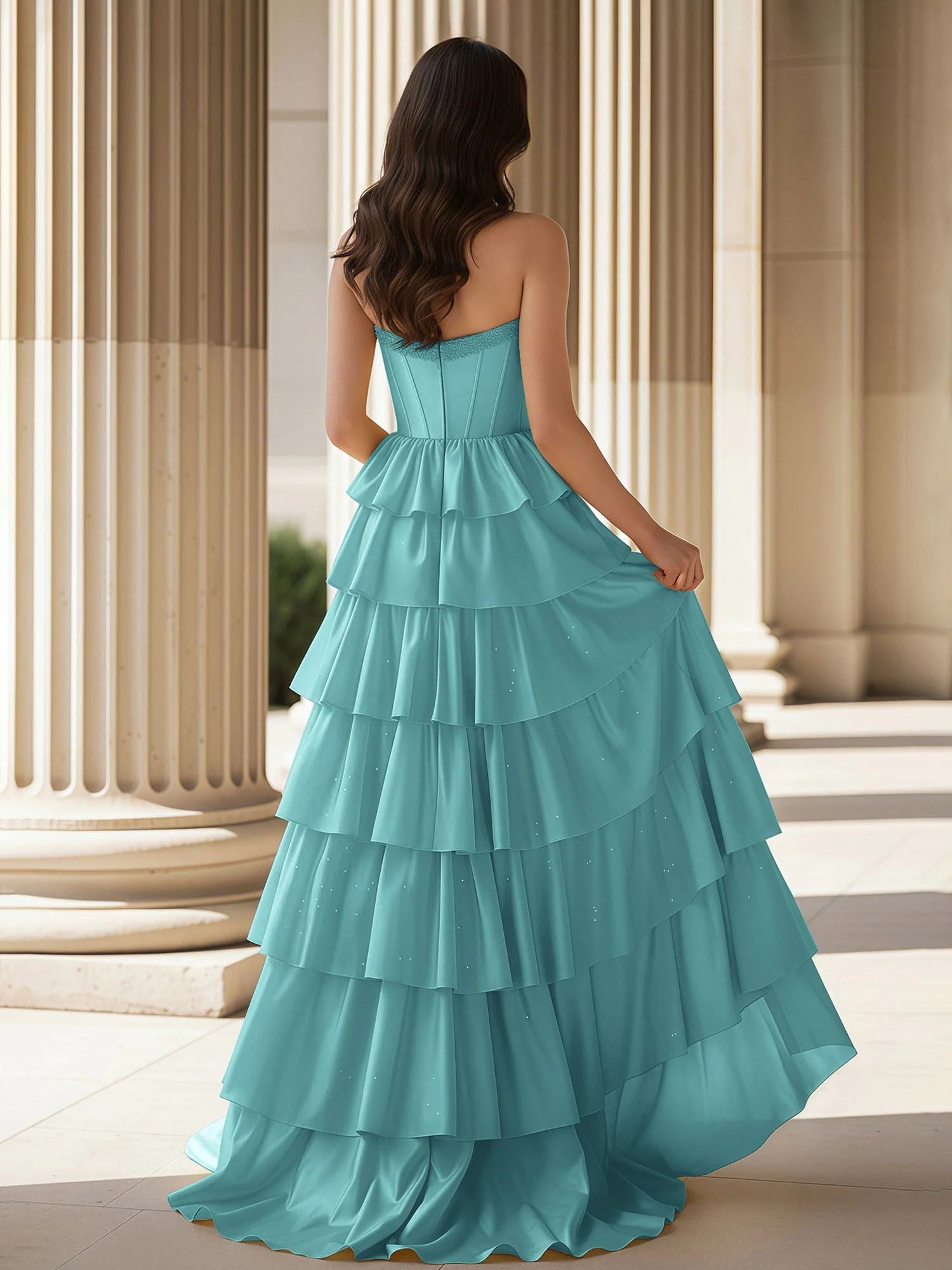 A-Line Sleeveless Strapless Gown With Ruffle Teal - Image 2