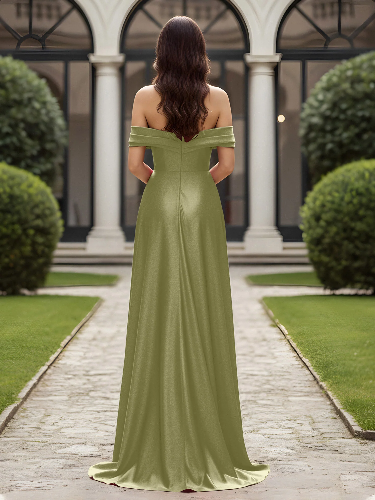 Off-The-Shoulder Pleated Dress With Slit Dusty Sage - Image 2