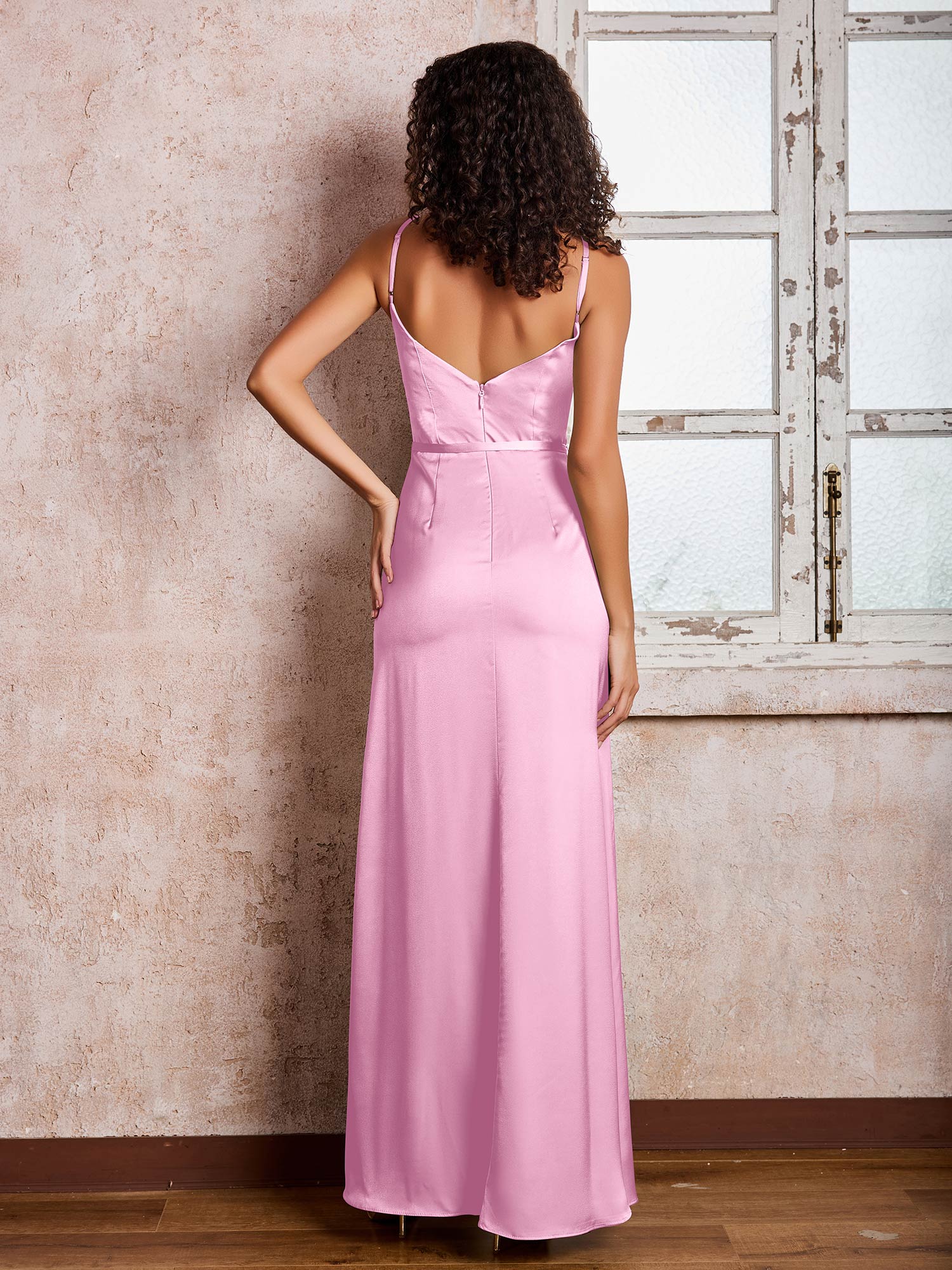 Sheath/Column Cowl Neck Floor-length Satin Dresses with Slit Candy Pink - Image 2