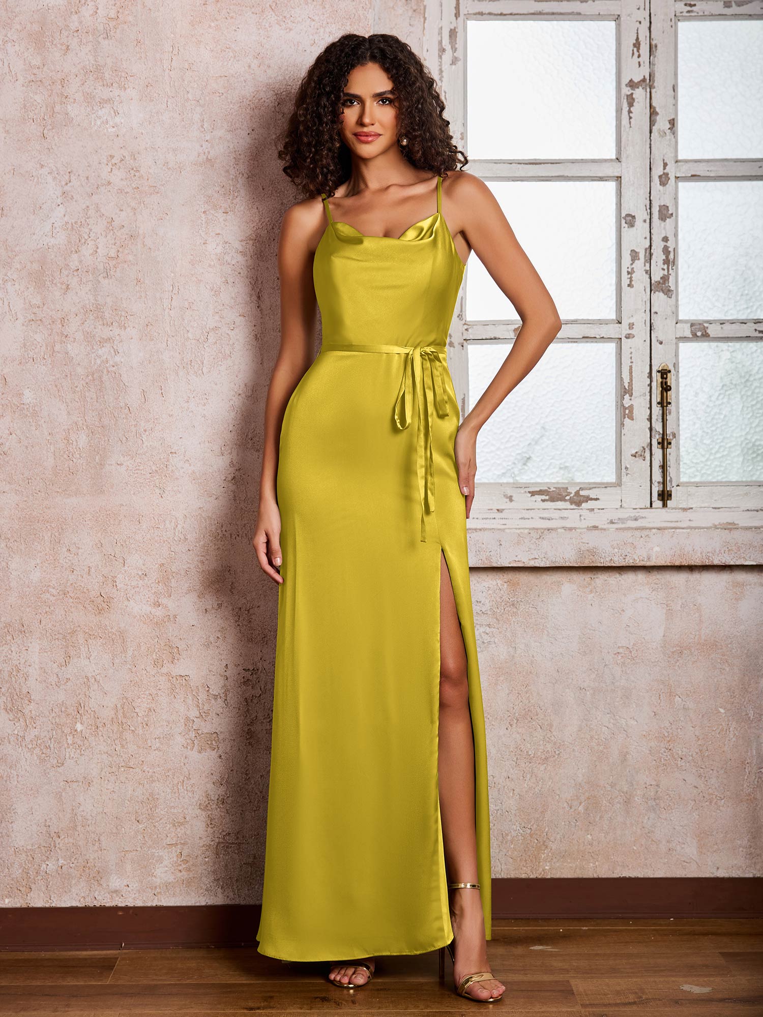 Sheath/Column Cowl Neck Floor-length Satin Dresses with Slit Marigold