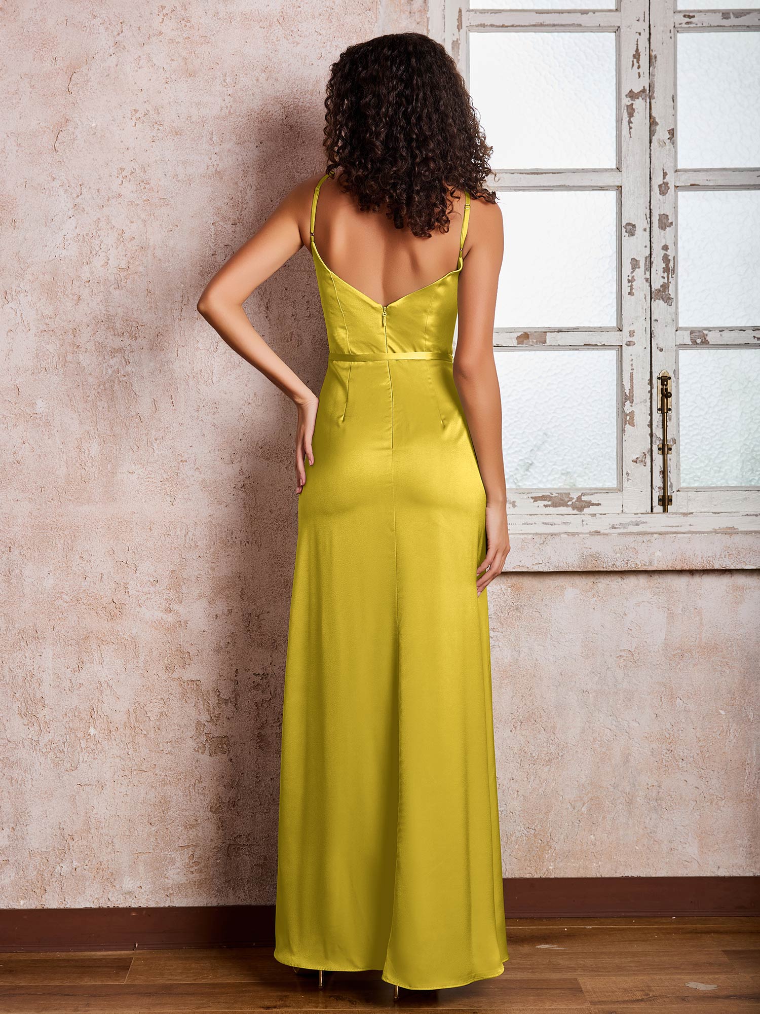Sheath/Column Cowl Neck Floor-length Satin Dresses with Slit Marigold - Image 2