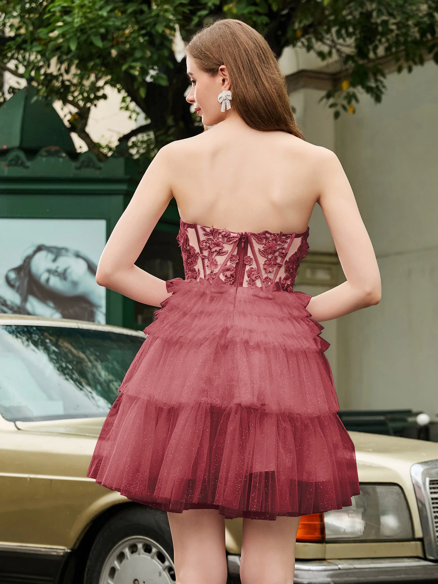 Sheer Sweetheart Applique A-line Tiered Short Dress Cinnamon Rose - Image 2