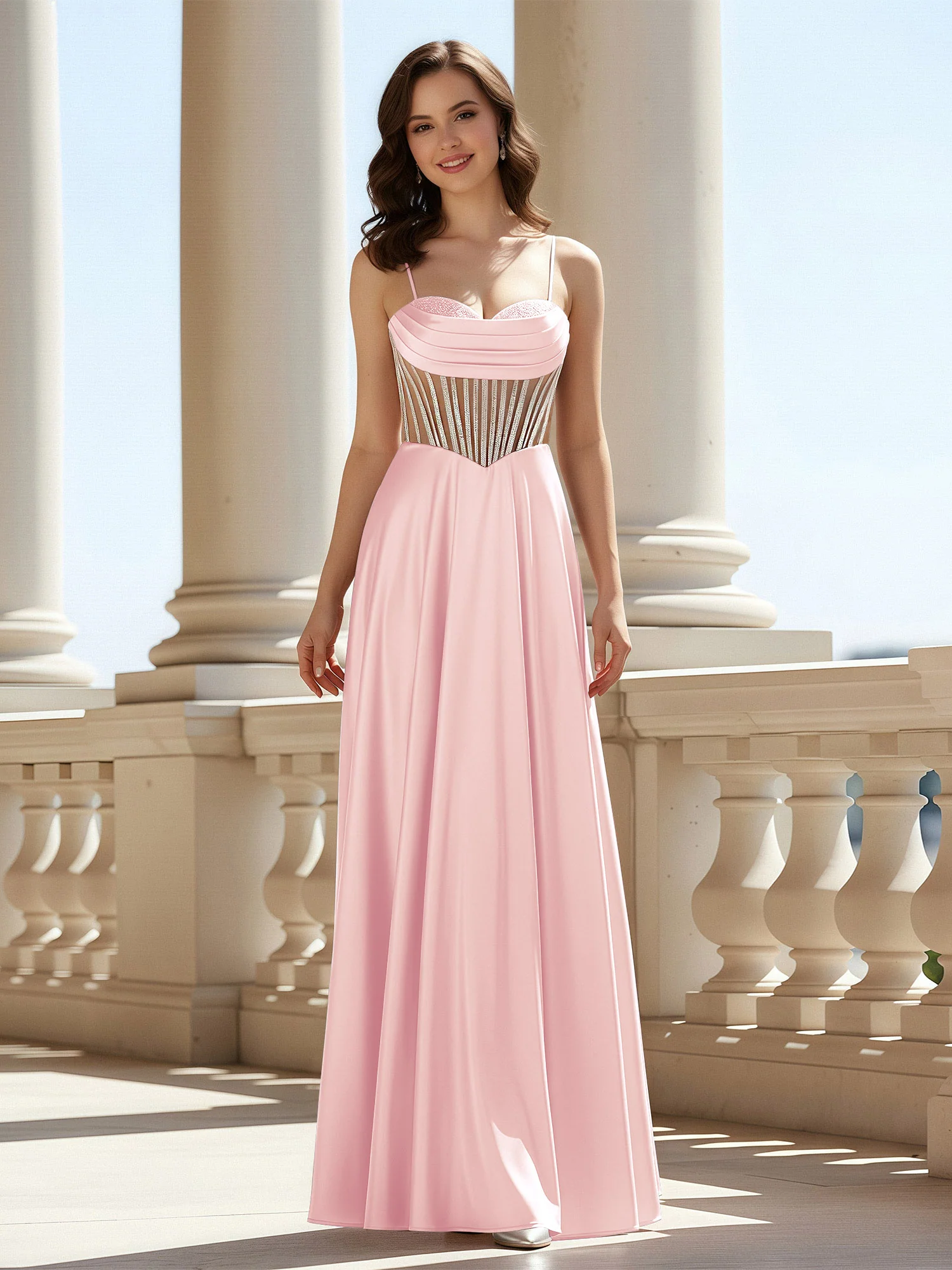 A-Line Sweetheart Floor Length Lace-Up Prom Dress Blushing Pink