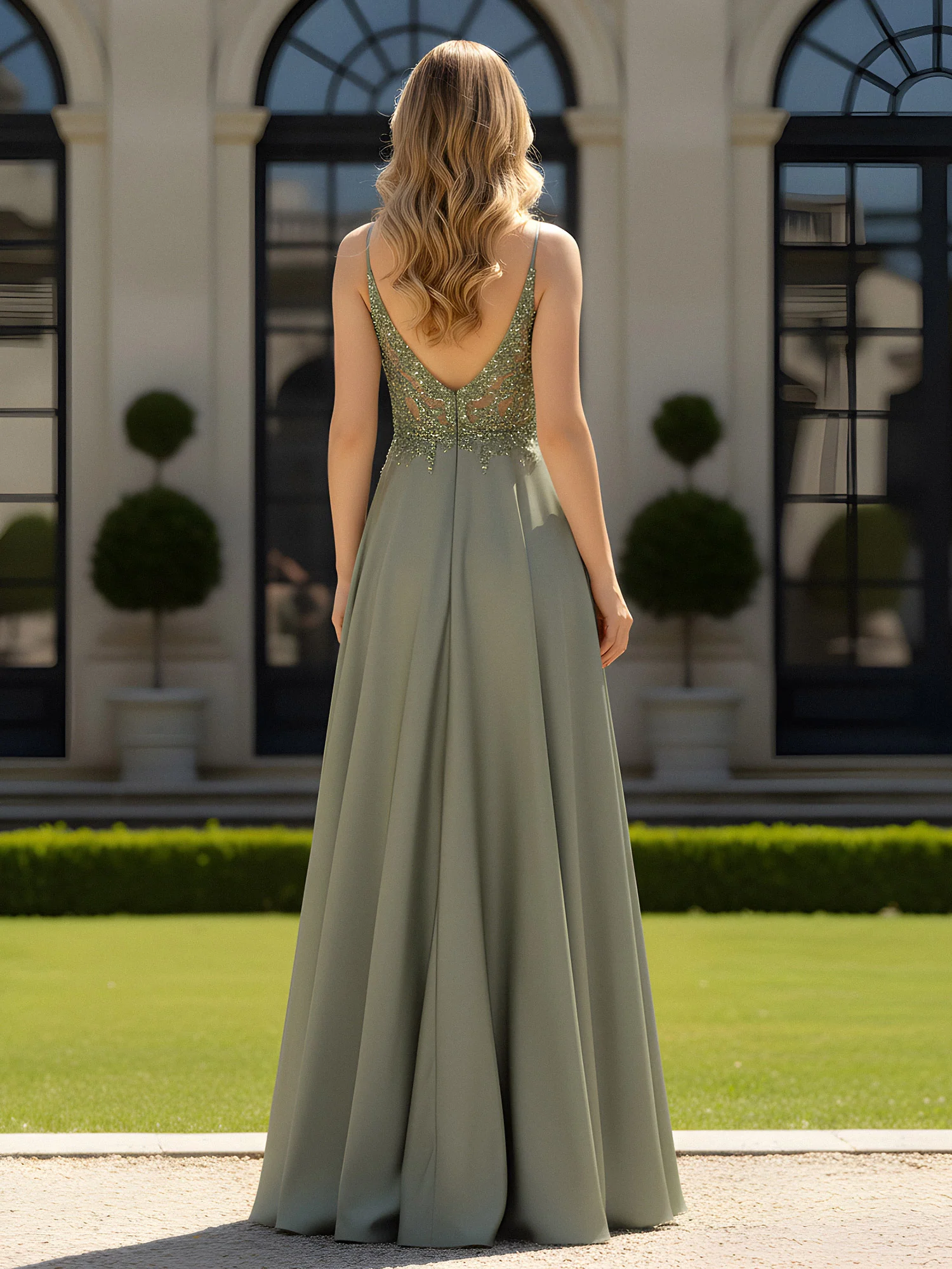 A-Line Floor Length Plunging V-Neck Open Back Dress Olive Green - Image 2