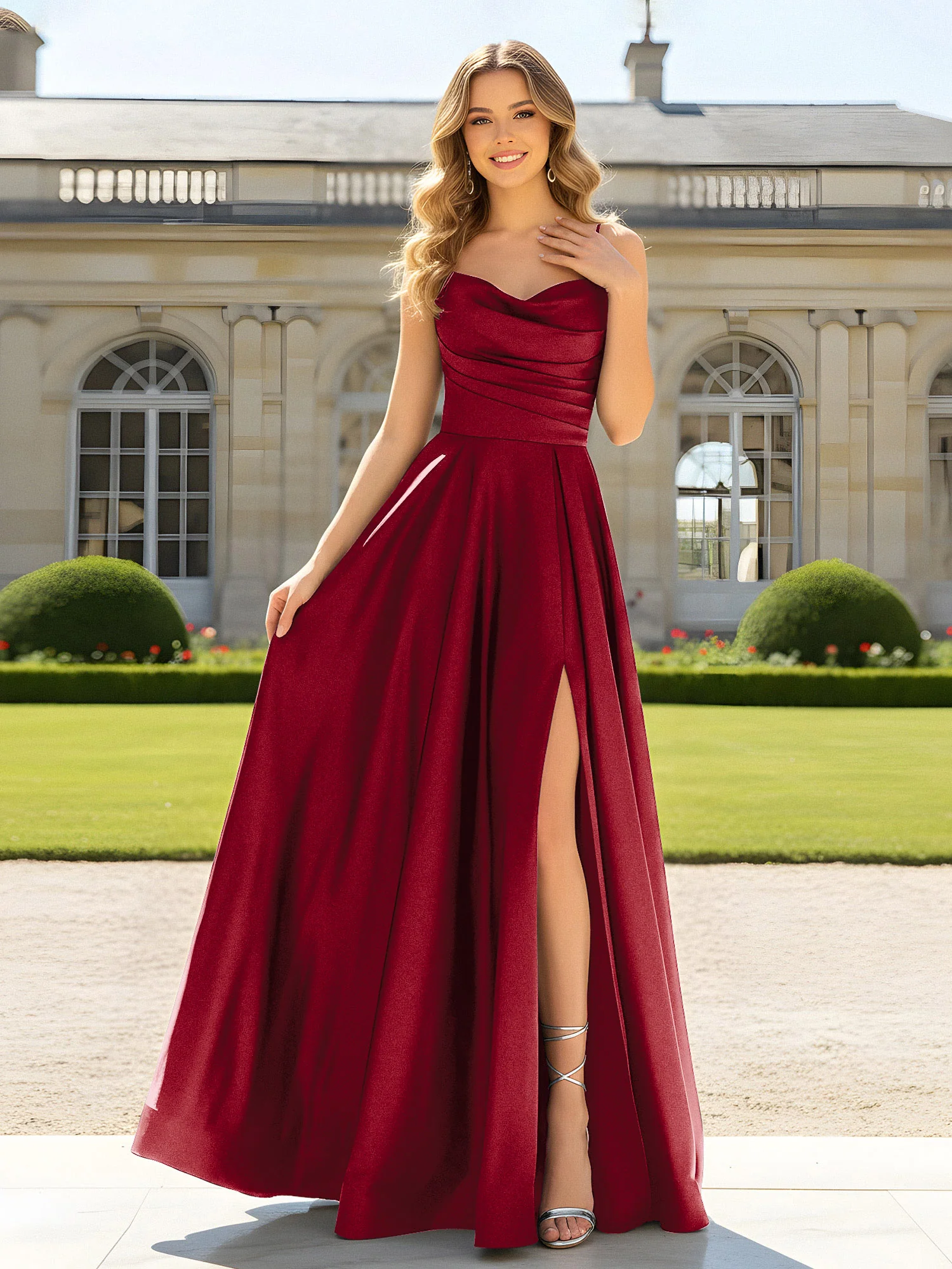 A-Line Spaghetti Straps Cowl Neck Satin Dress Burgundy