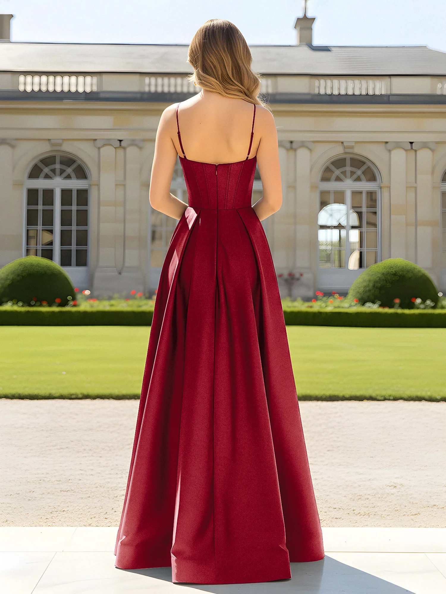 A-Line Spaghetti Straps Cowl Neck Satin Dress Burgundy - Image 2