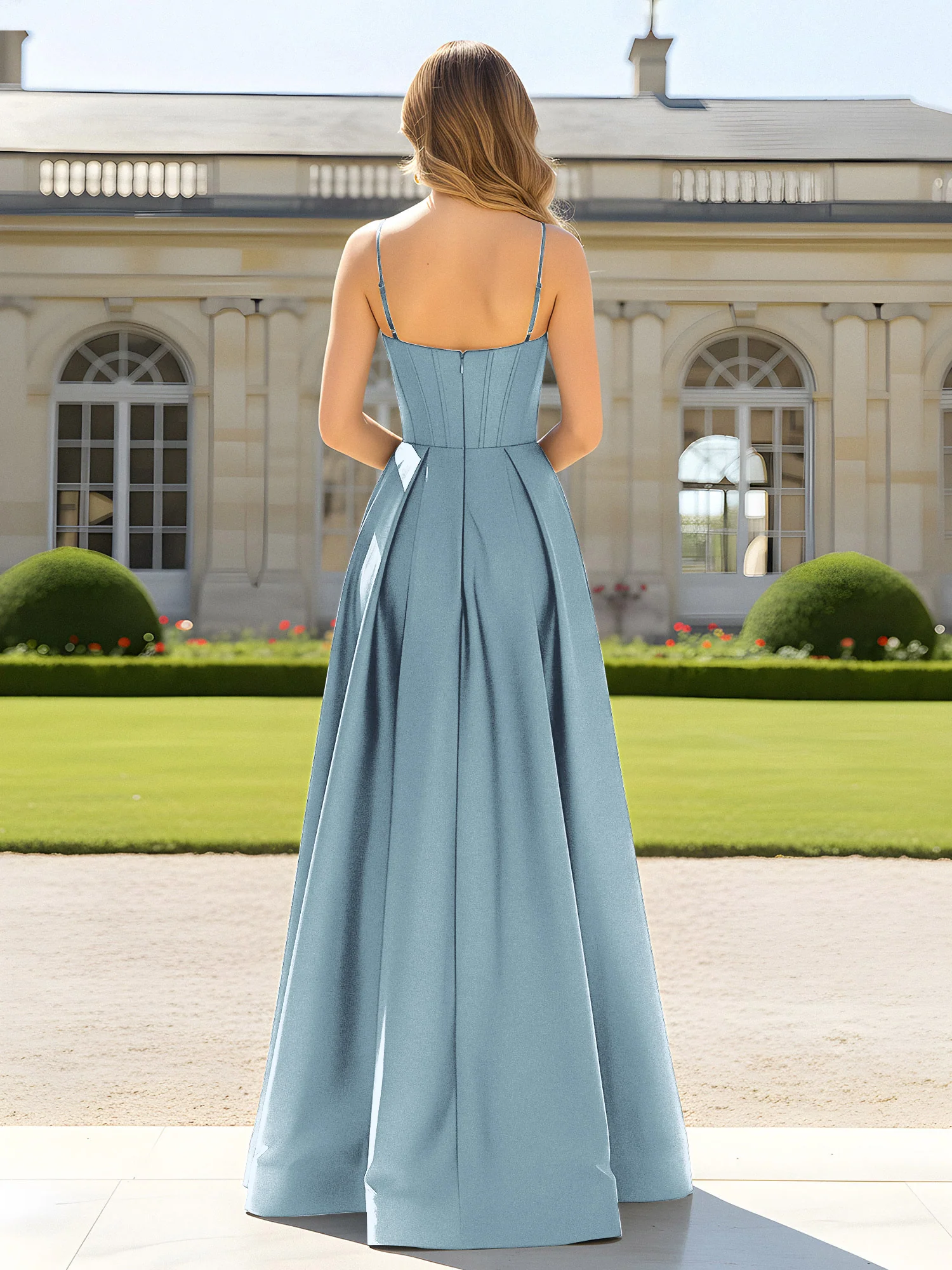 A-Line Spaghetti Straps Cowl Neck Satin Dress Dusty Blue - Image 2