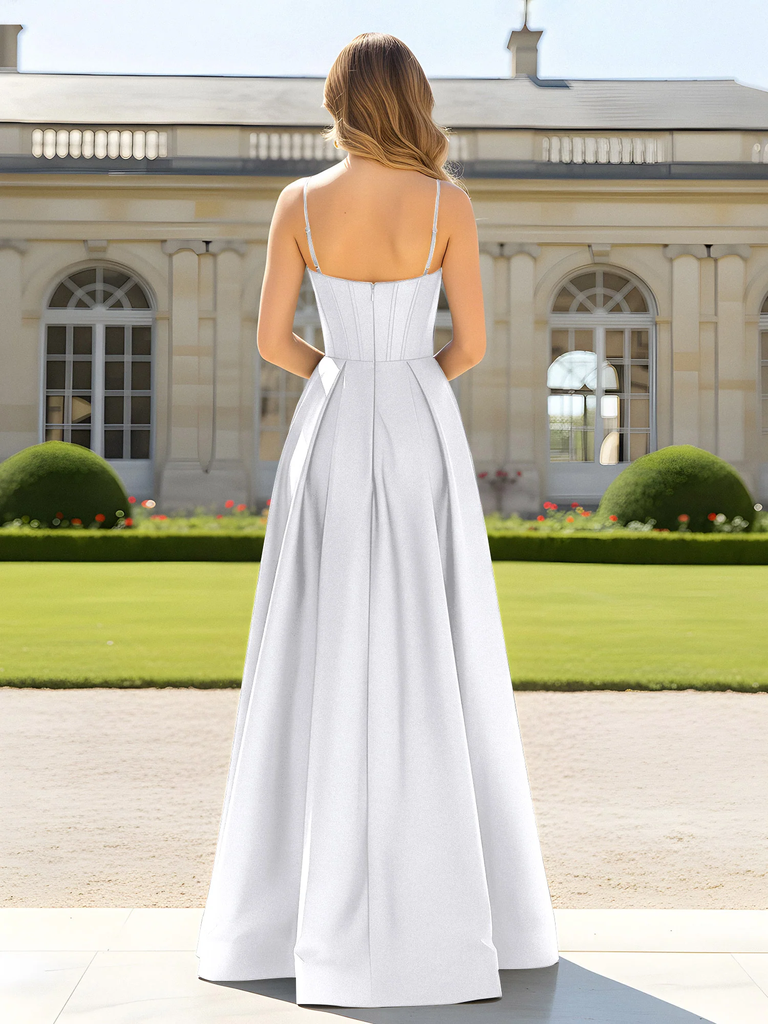 A-Line Spaghetti Straps Cowl Neck Satin Dress White - Image 2