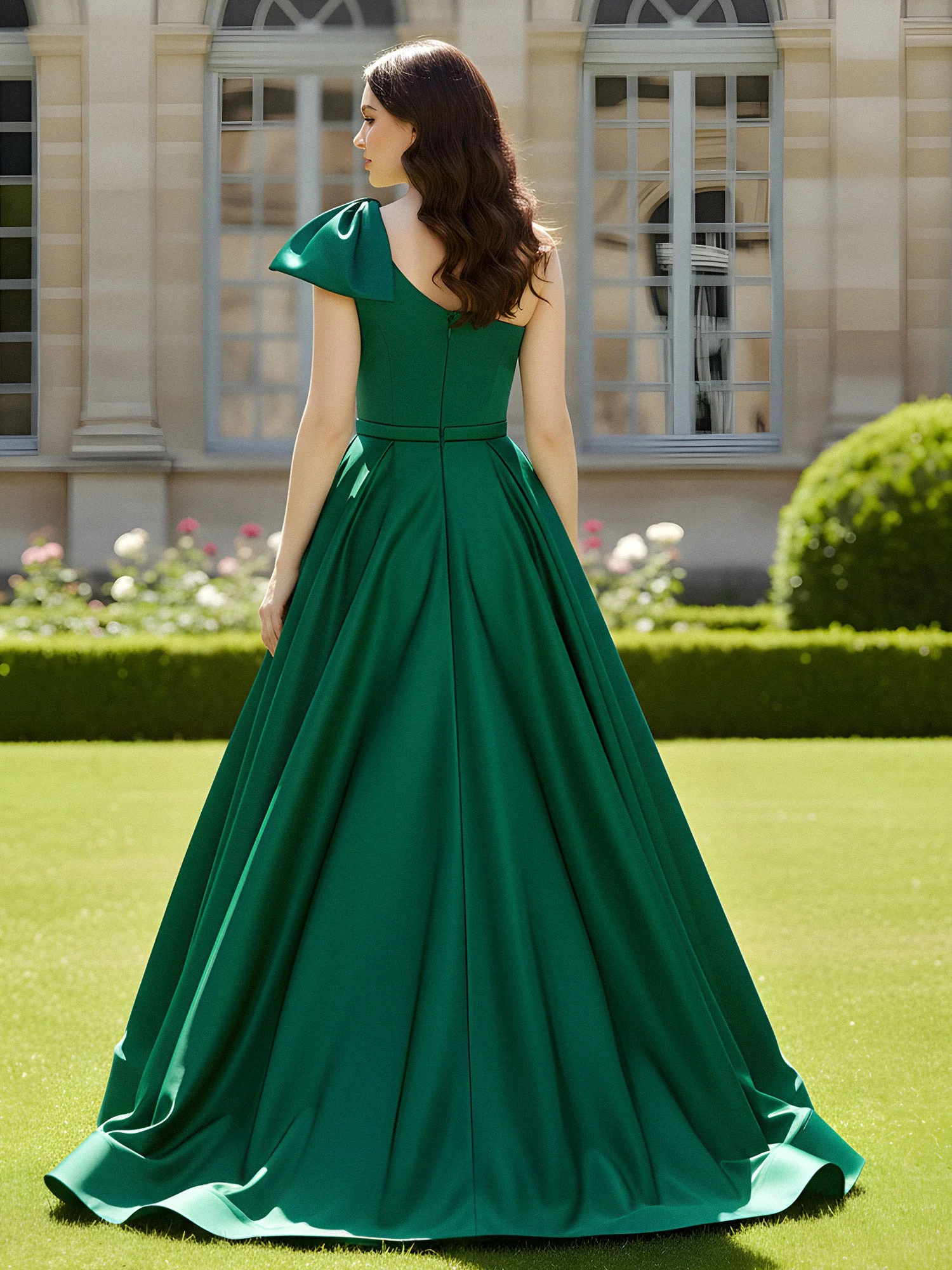 One Shoulder Sweep Train Satin Gown With Bow Slate Blue - Image 2