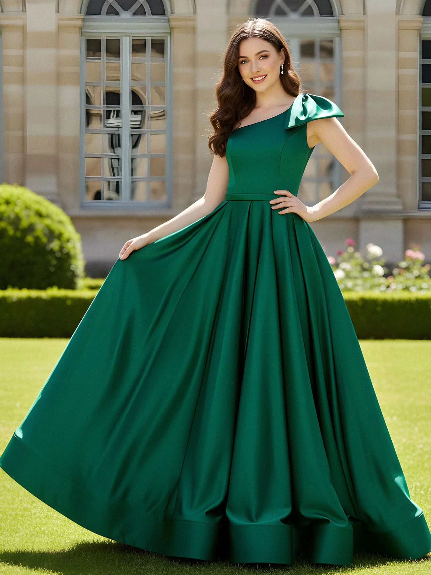 One Shoulder Sweep Train Satin Gown With Bow Tahiti