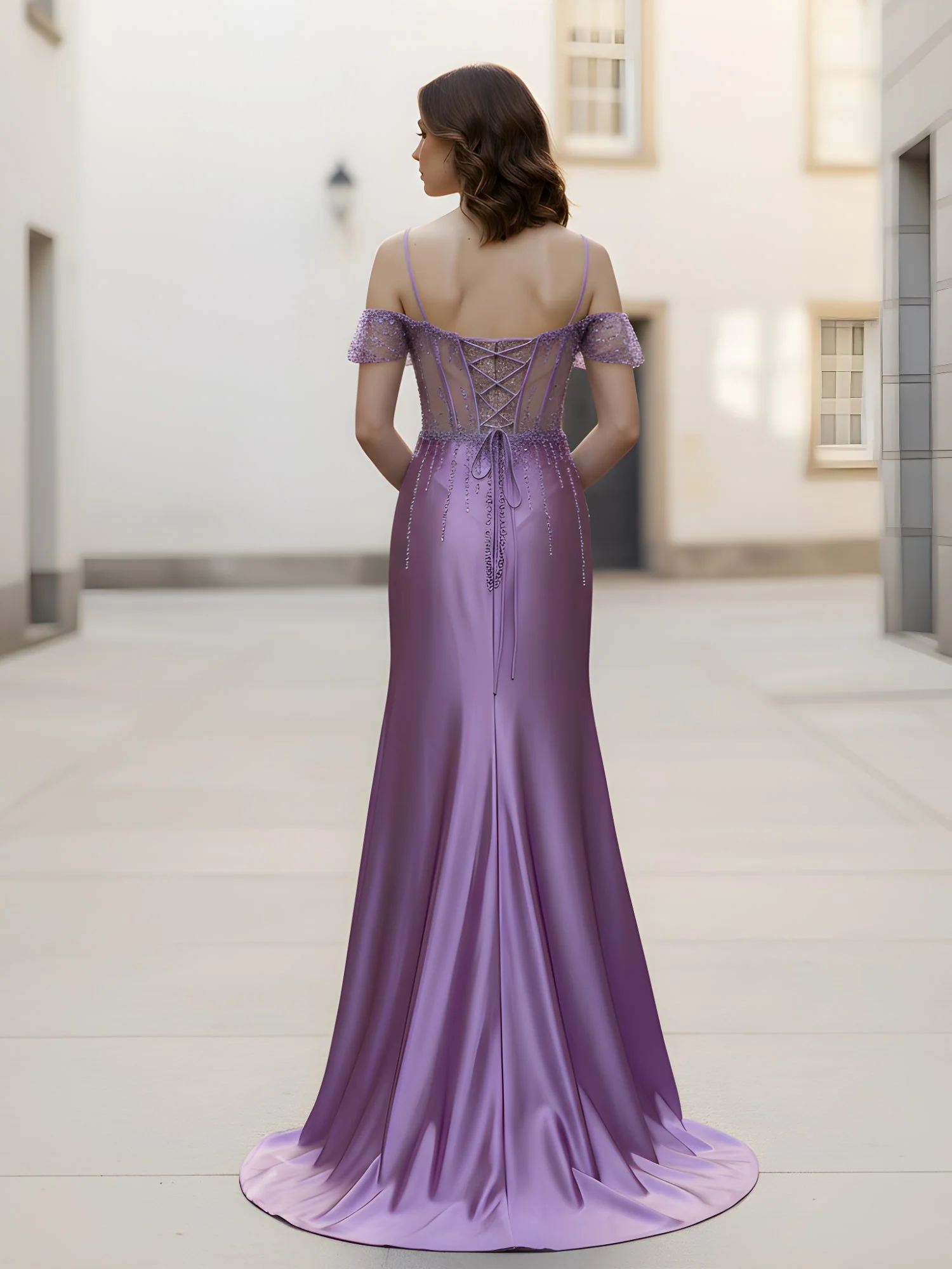 Sweetheart Sequins Sheer Corset Sheath Gown With Slit Ivory - Image 2