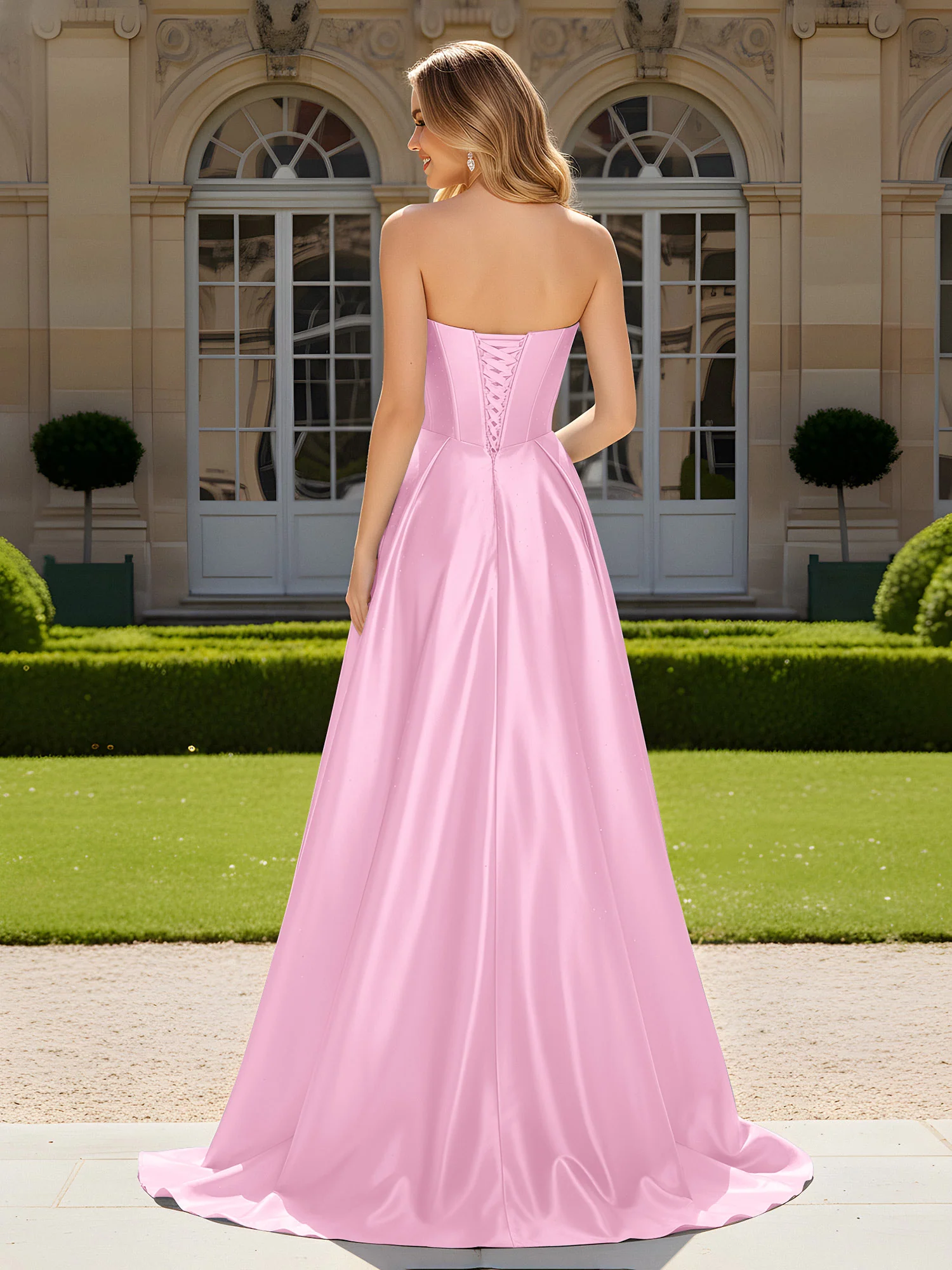 Sweetheart Pleated Lace-Up Gown With Sweep/Brush Train Candy Pink - Image 2