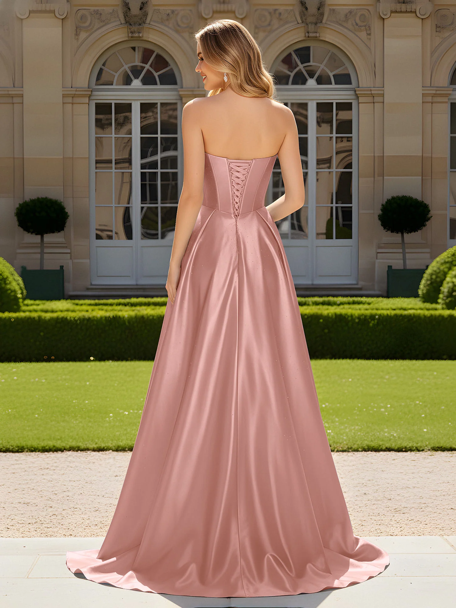 Sweetheart Pleated Lace-Up Gown With Sweep/Brush Train Dusty Rose - Image 2