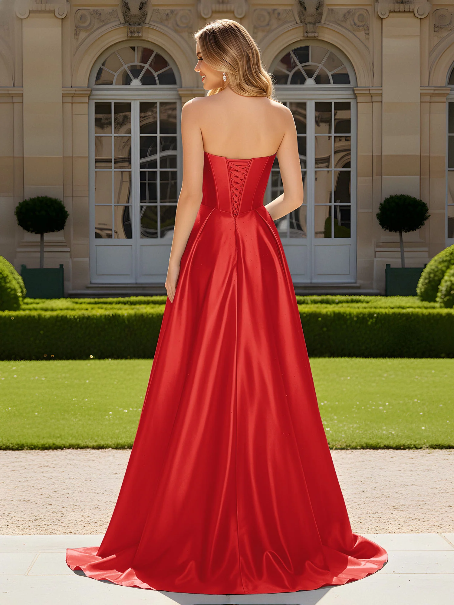 Sweetheart Pleated Lace-Up Gown With Sweep/Brush Train Red - Image 2
