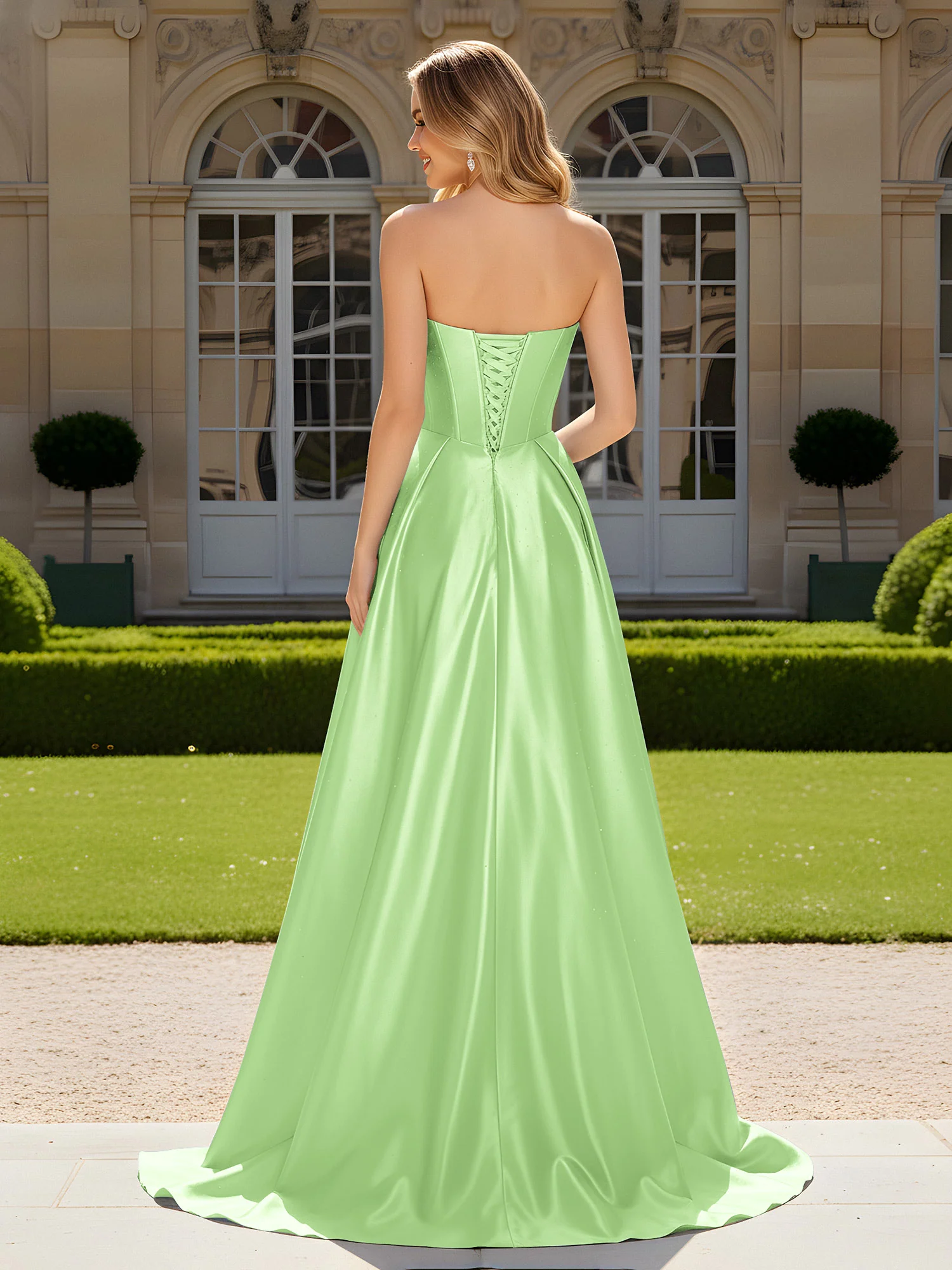 Sweetheart Pleated Lace-Up Gown With Sweep/Brush Train Sage - Image 2