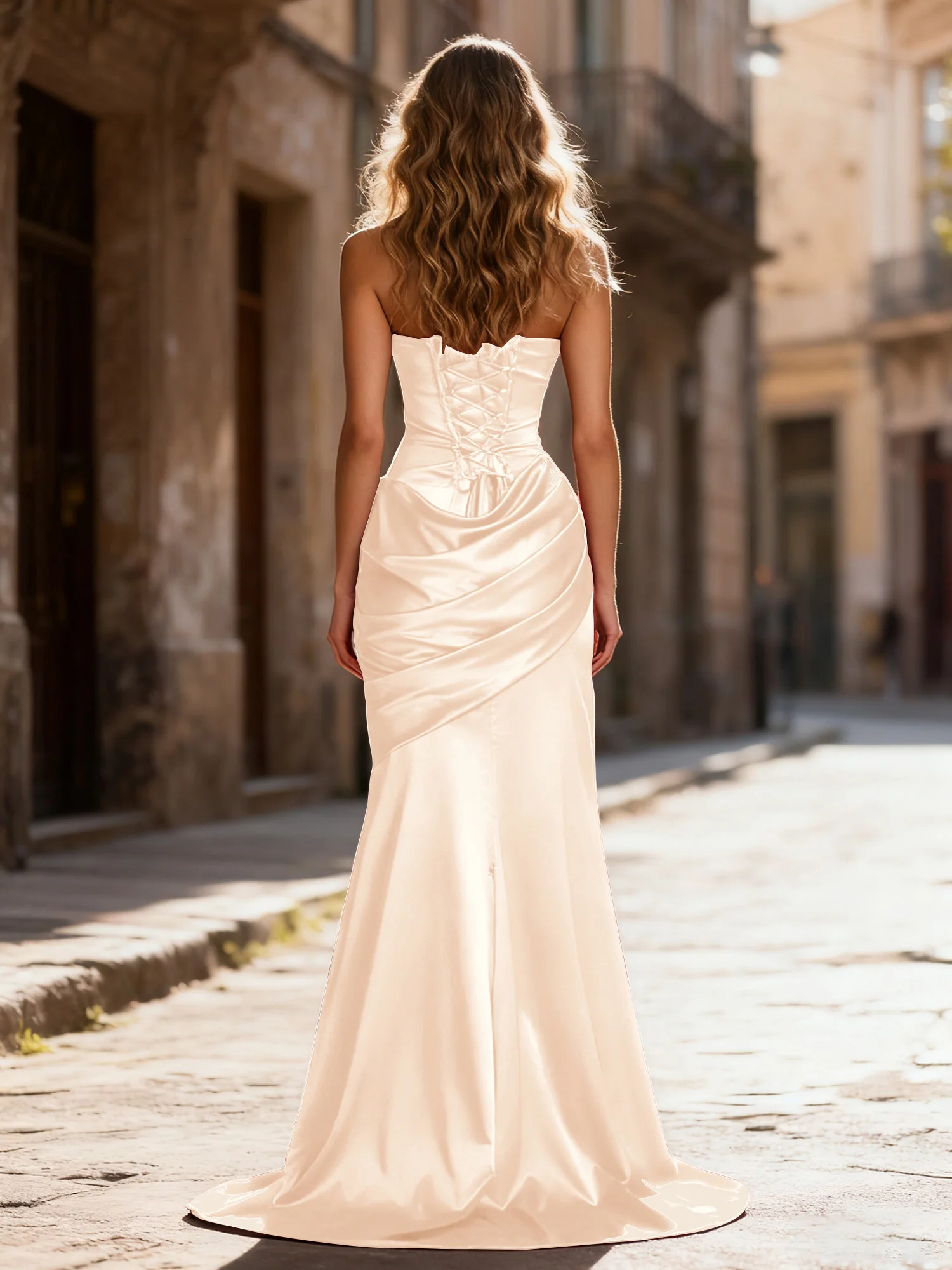 Strapless Ruched Mermaid Gown With Neck Sash Champagne - Image 2