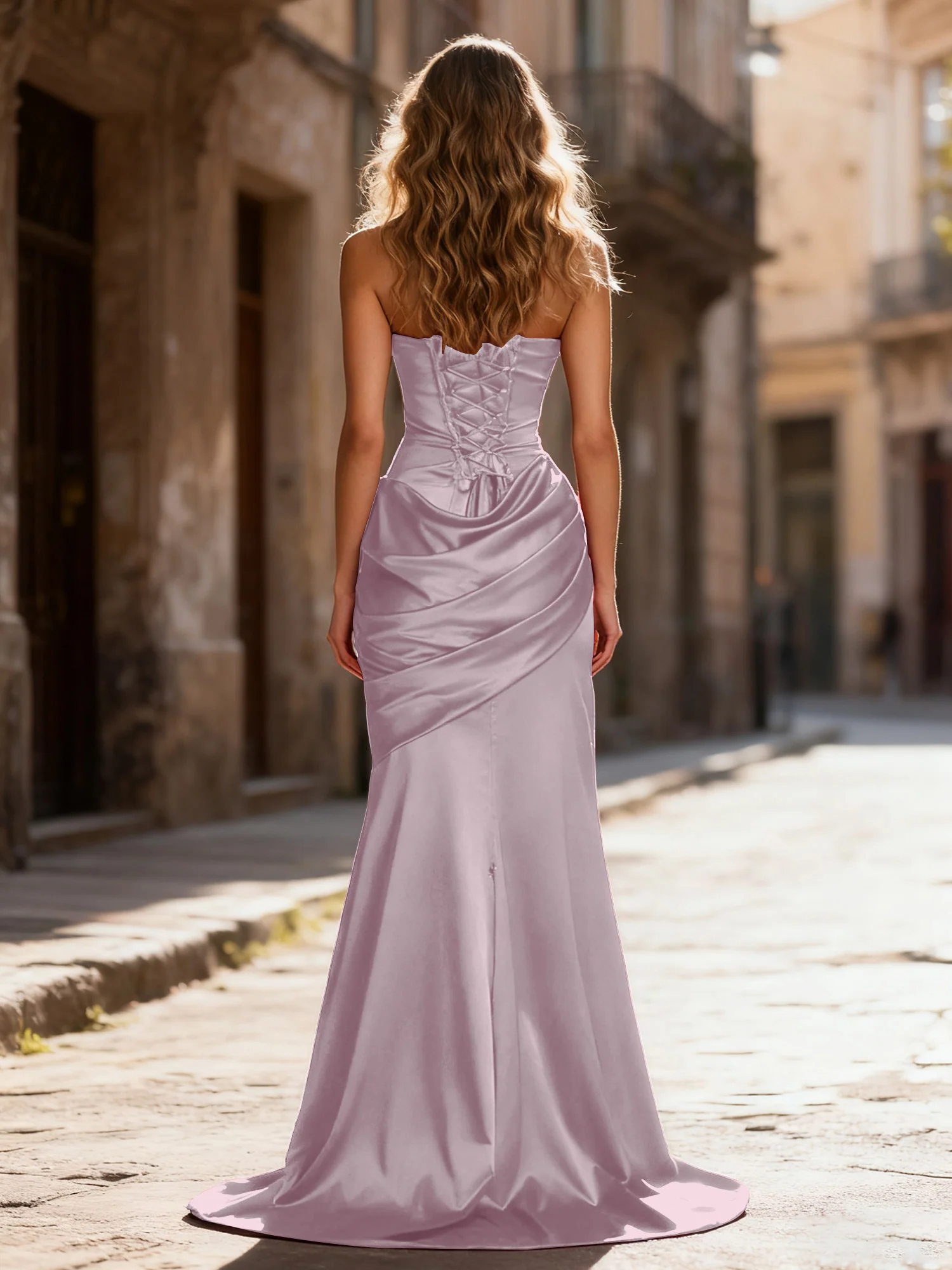 Strapless Ruched Mermaid Gown With Neck Sash Dusk - Image 2