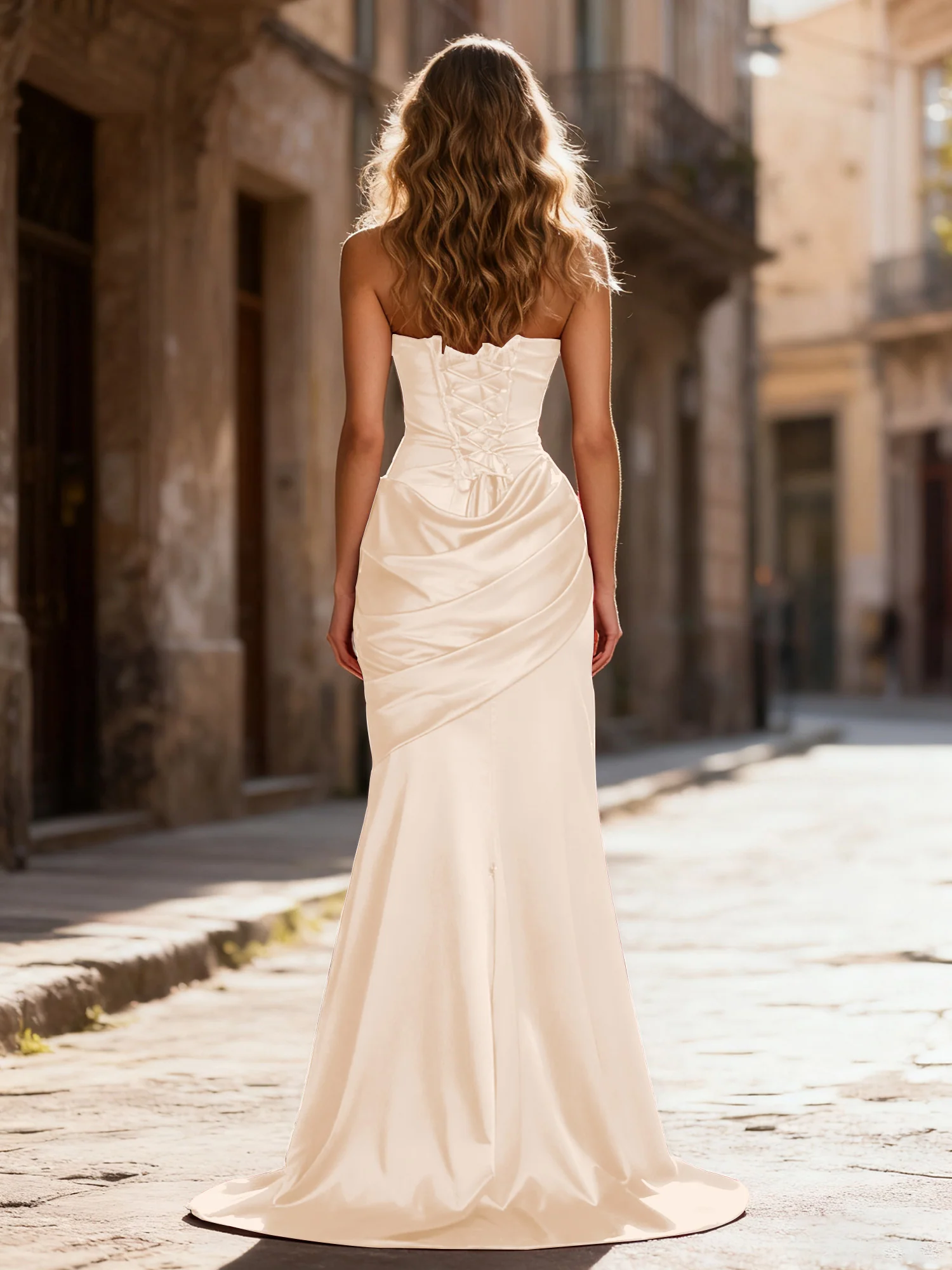 Strapless Ruched Mermaid Gown With Neck Sash Peach - Image 2
