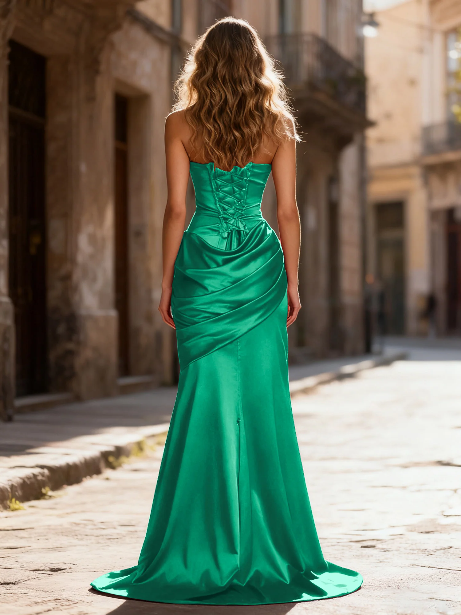 Strapless Ruched Mermaid Gown With Neck Sash Peacock - Image 2