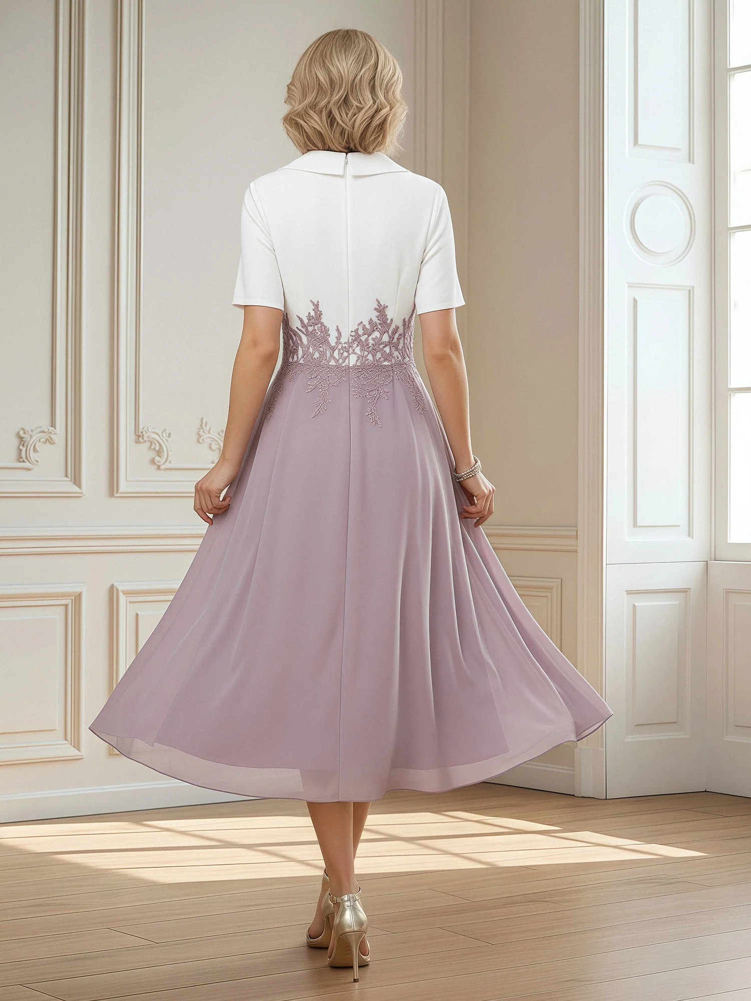 Short Sleeves V-neck Satin Chiffon A-Line Dress Black - Image 2