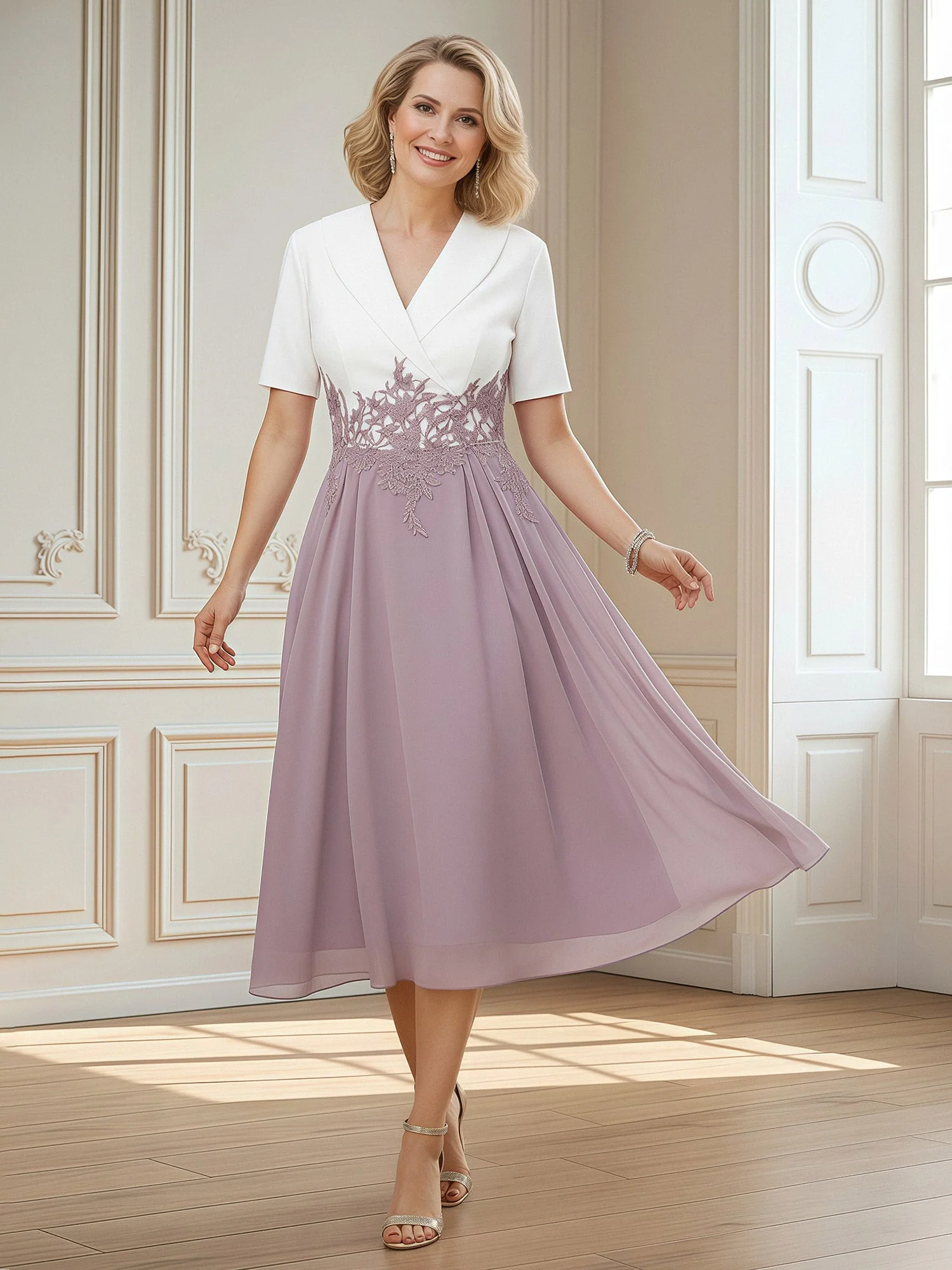 Short Sleeves V-neck Satin Chiffon A-Line Dress Stormy