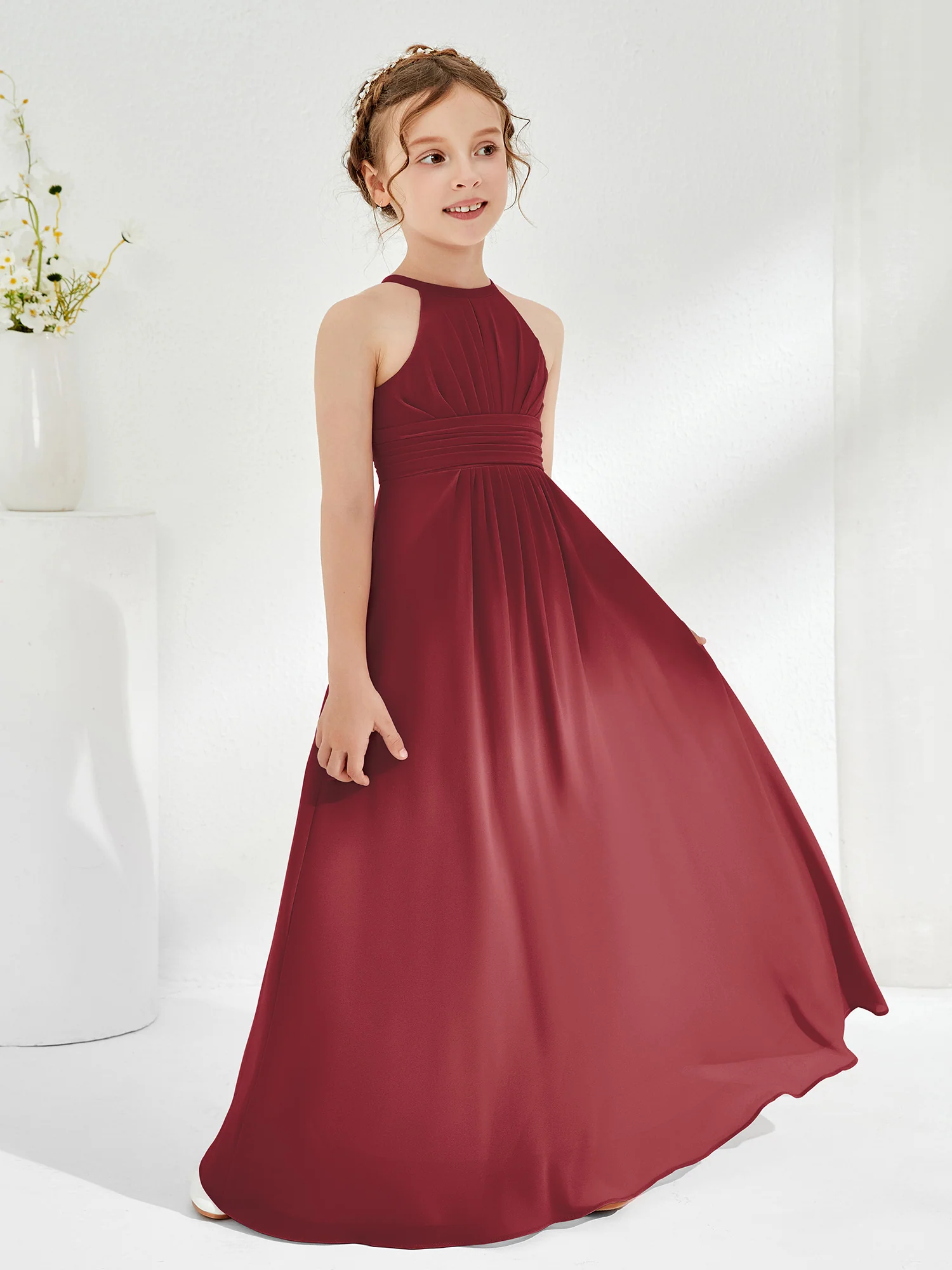 Simple Halter A-line Chiffon Junior Bridesmaid Dress Cinnamon Rose - Image 3