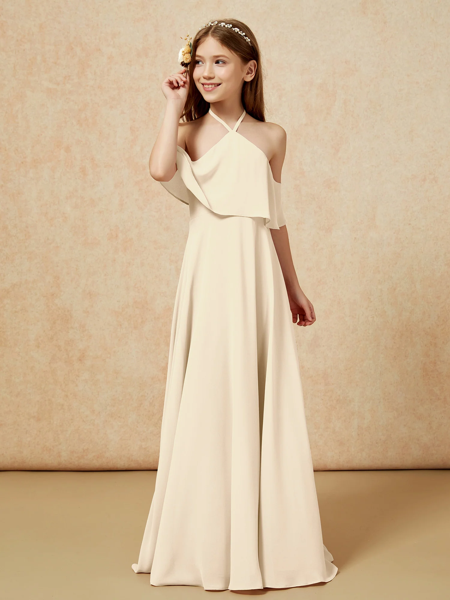 Simple Halter Floor-length Junior Bridesmaid Dress Champagne