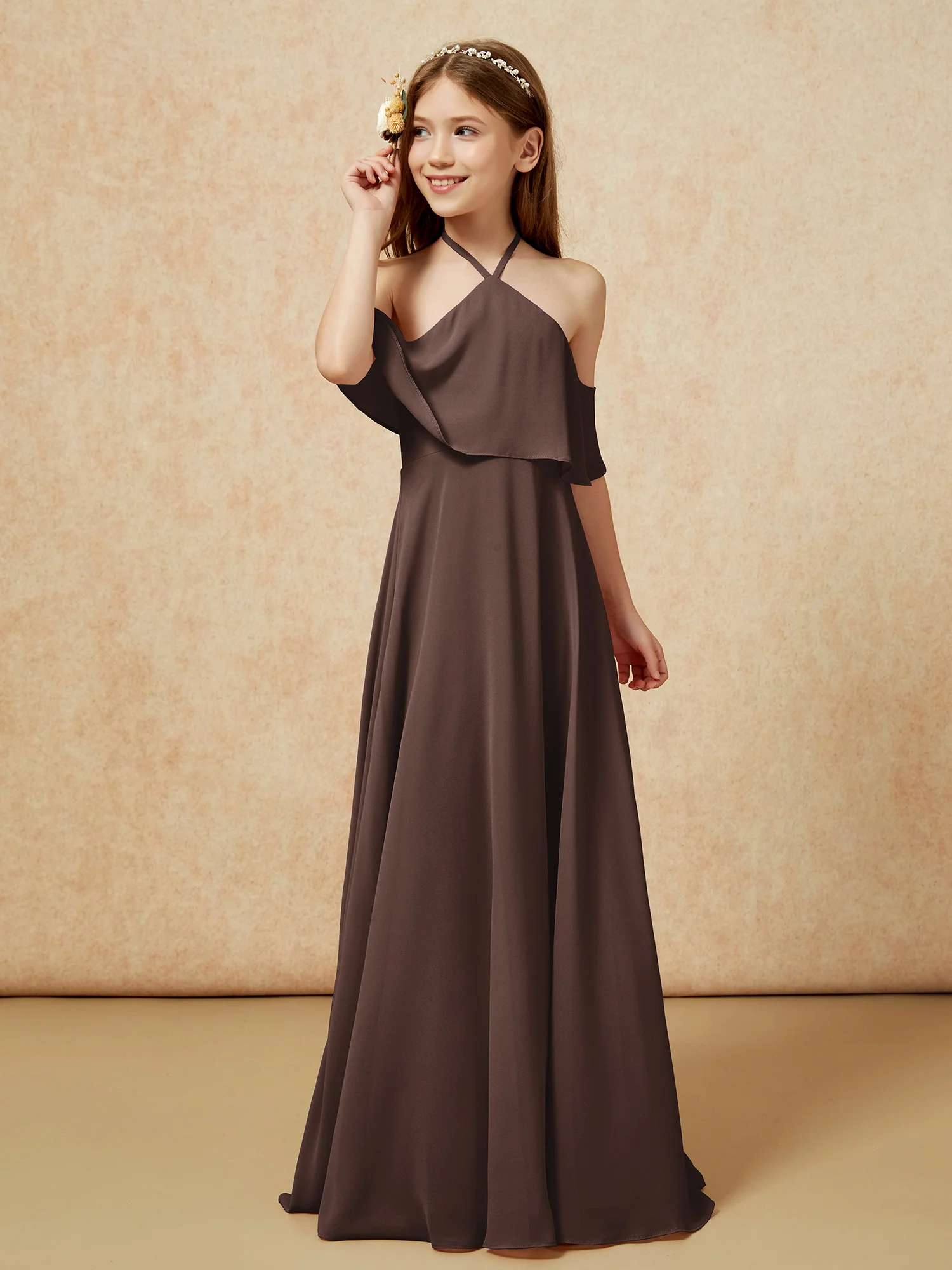 Simple Halter Floor-length Junior Bridesmaid Dress Chocolate