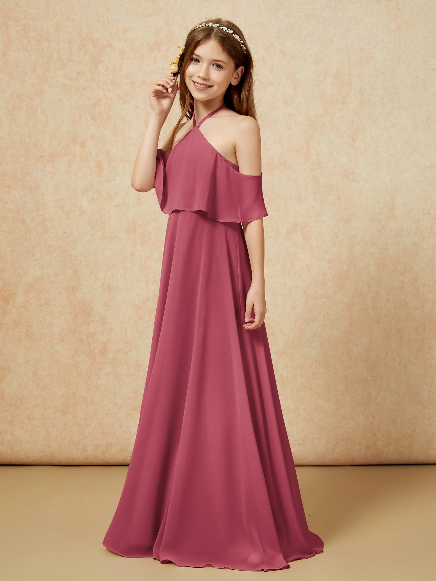 Simple Halter Floor-length Junior Bridesmaid Dress Cinnamon Rose - Image 3