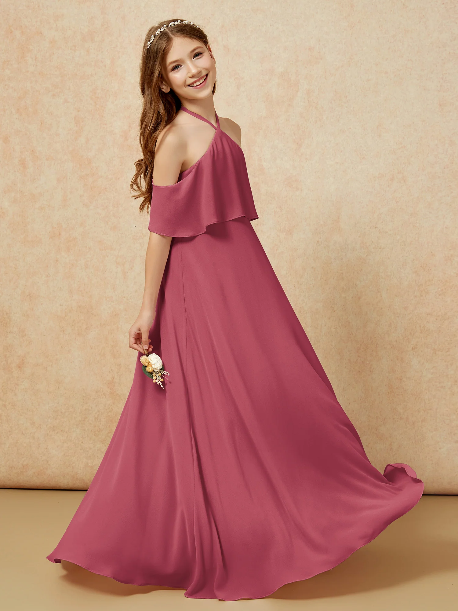 Simple Halter Floor-length Junior Bridesmaid Dress Cinnamon Rose - Image 5