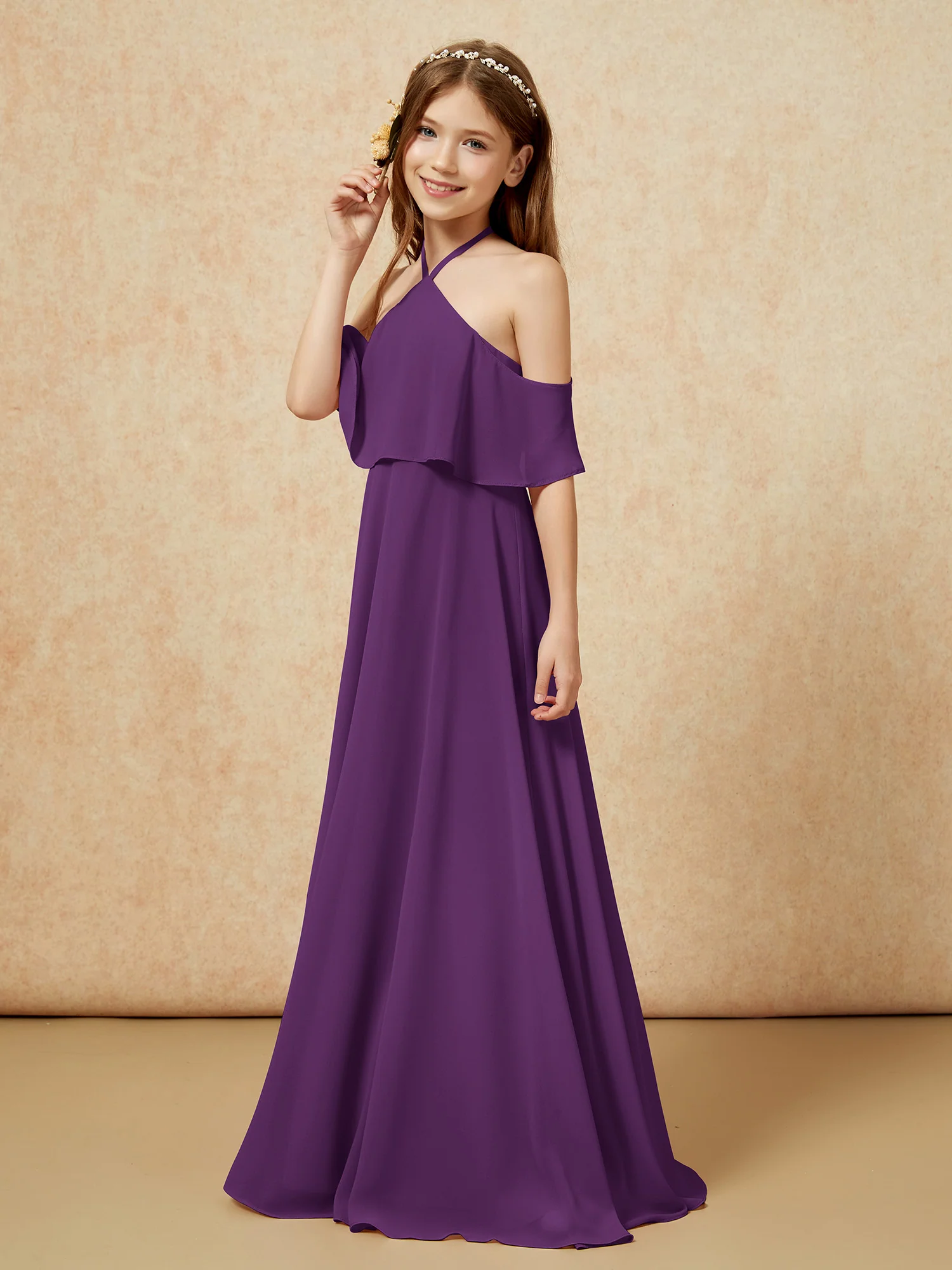 Simple Halter Floor-length Junior Bridesmaid Dress Grape - Image 3