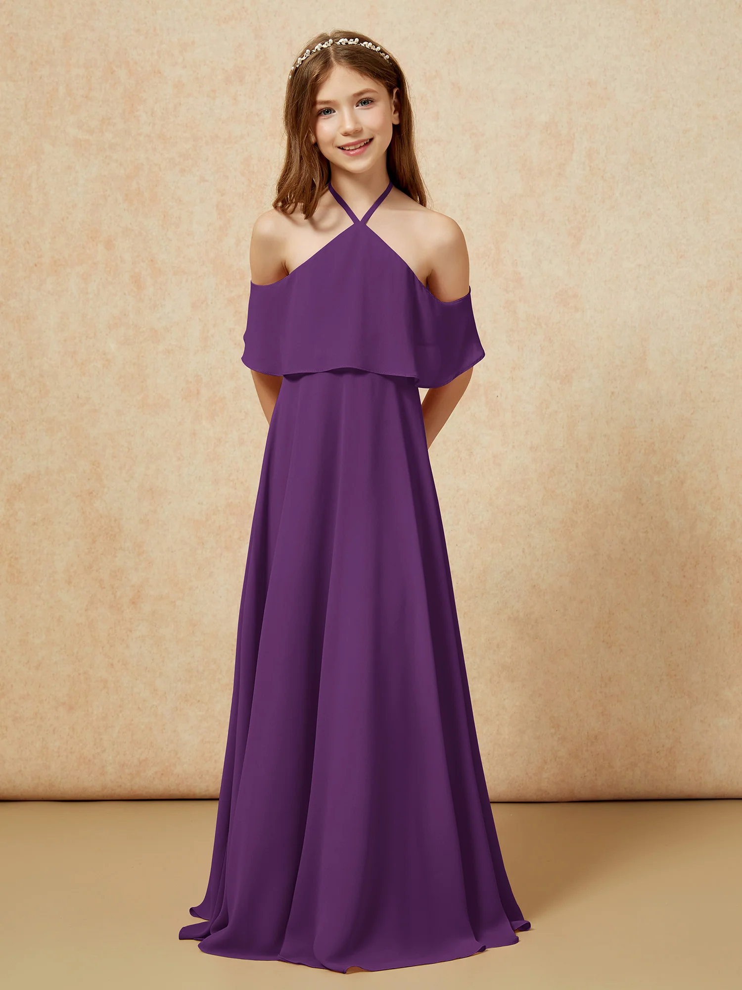 Simple Halter Floor-length Junior Bridesmaid Dress Grape - Image 6