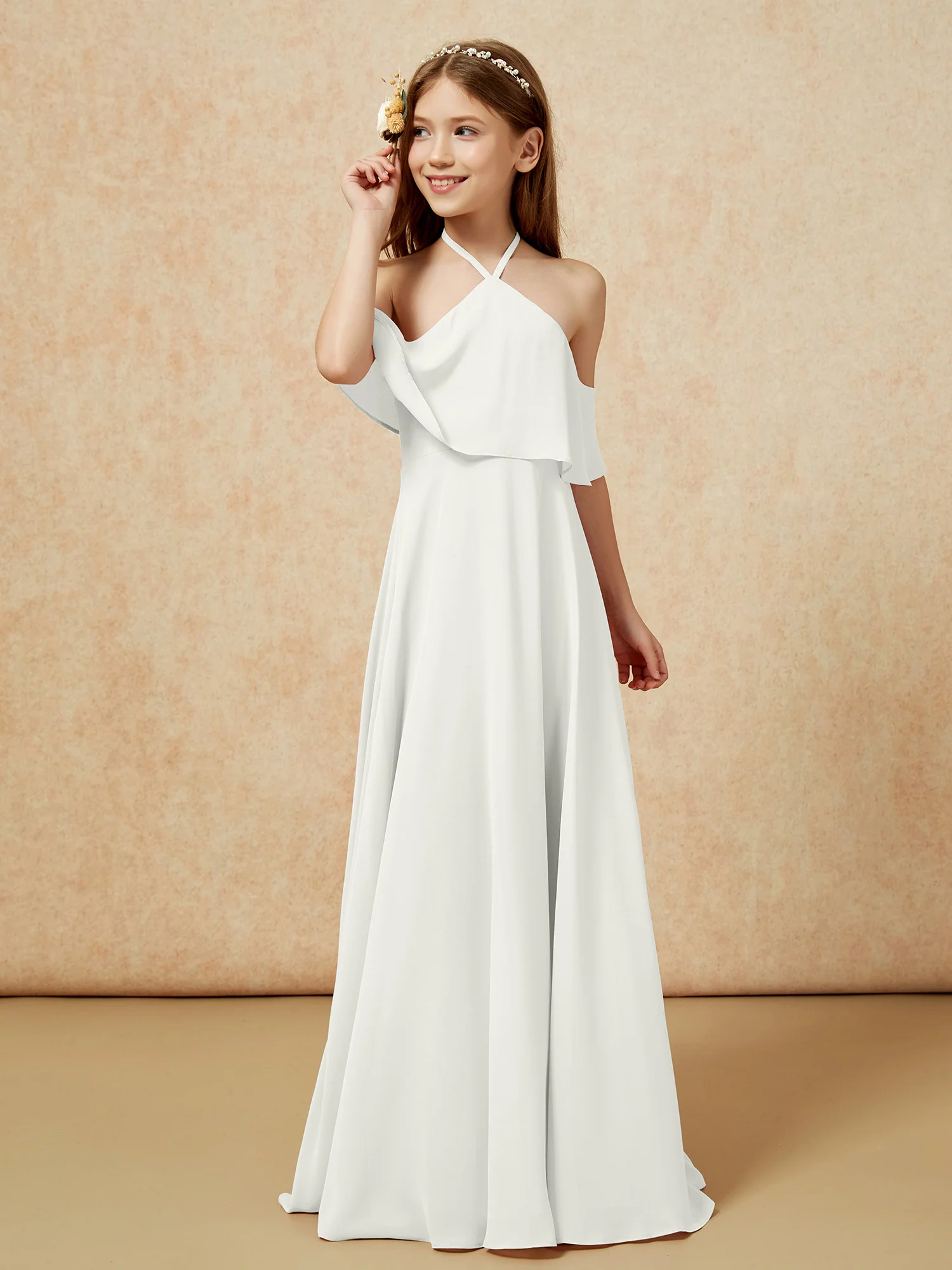 Simple Halter Floor-length Junior Bridesmaid Dress Ivory