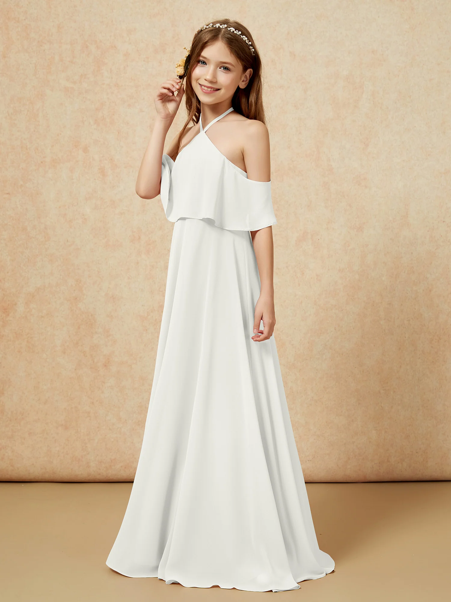 Simple Halter Floor-length Junior Bridesmaid Dress Ivory - Image 3