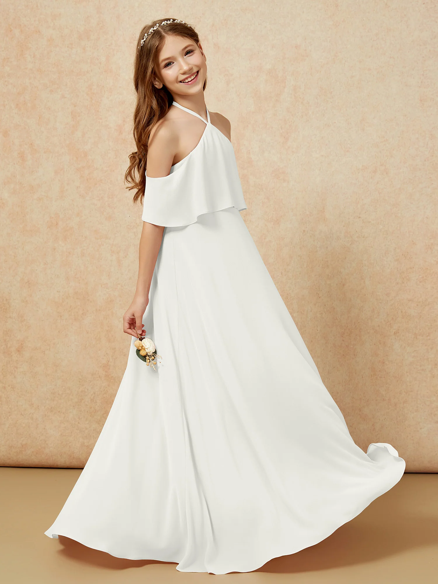 Simple Halter Floor-length Junior Bridesmaid Dress Ivory - Image 5